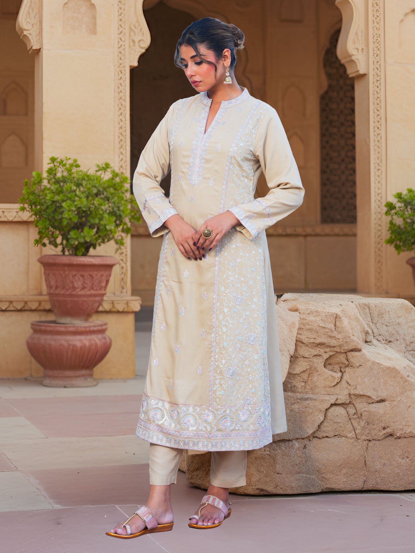 Embroidered Chiffon Solid A-line Sand Kurta