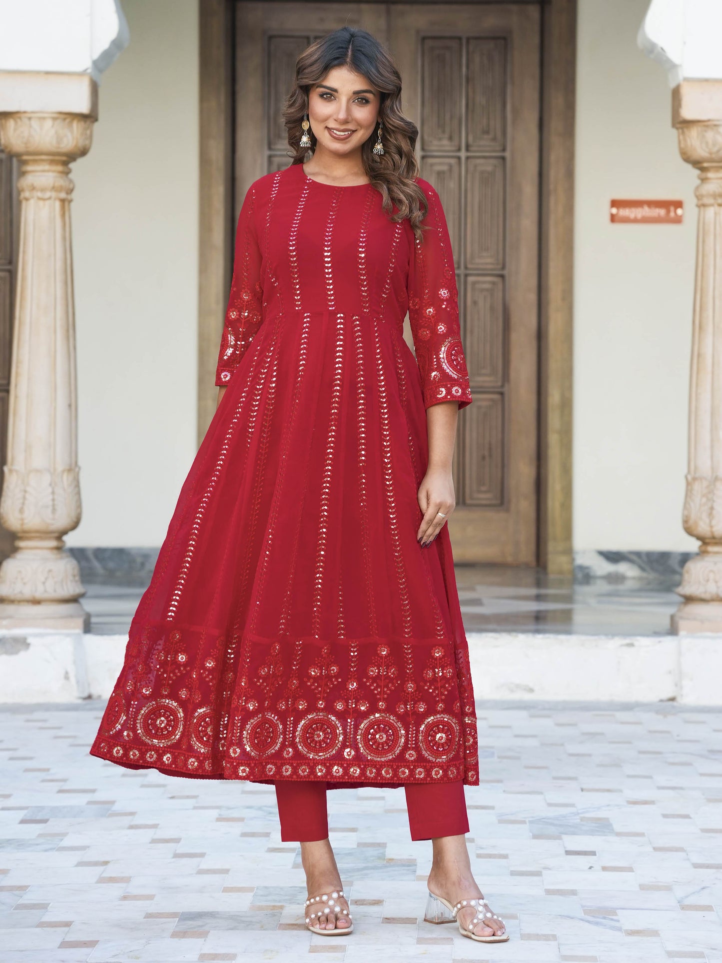Embroidered Georgette Solid Red Anarkali Kurta