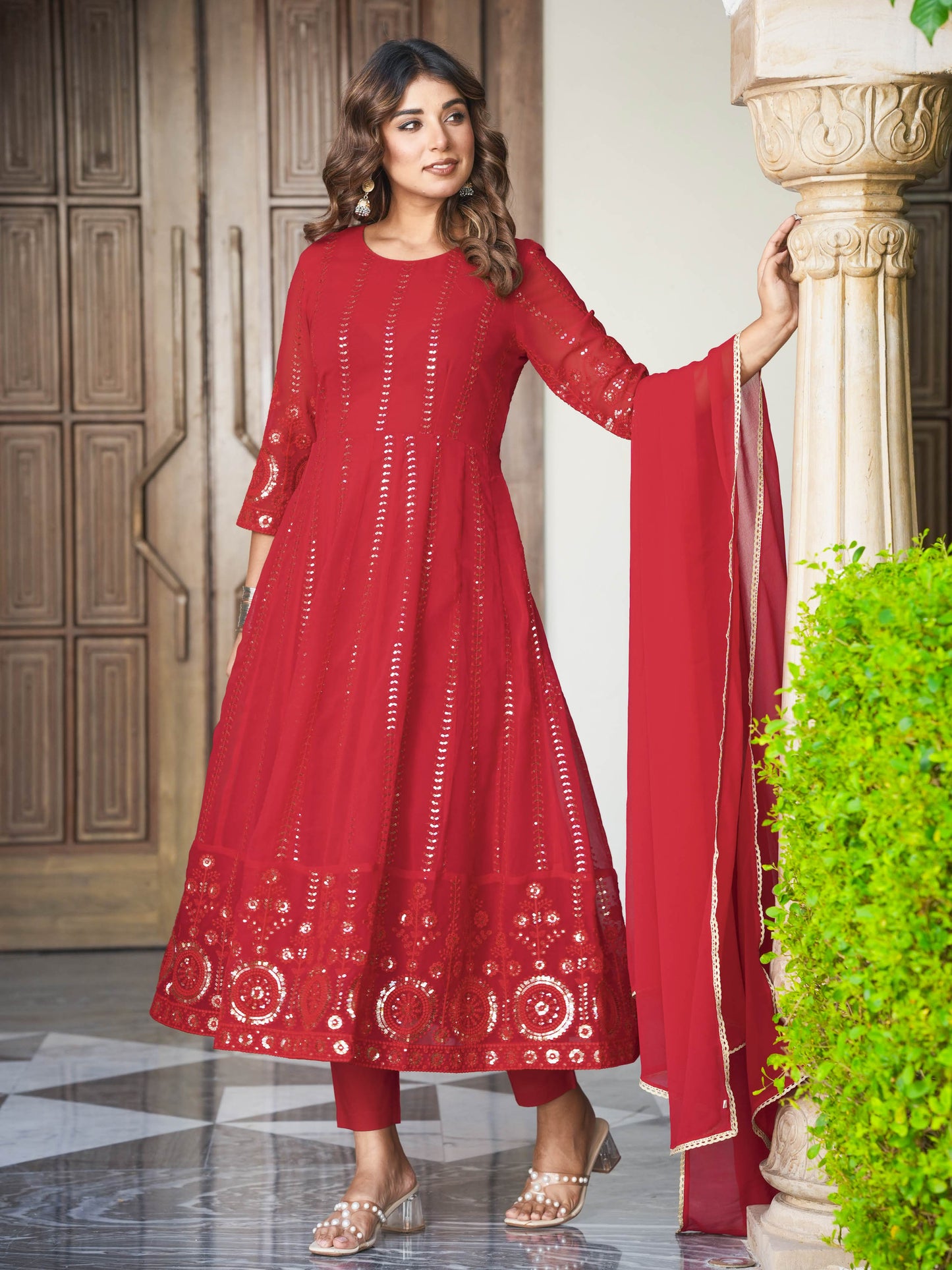 Embroidered Georgette Solid Red Anarkali Kurta