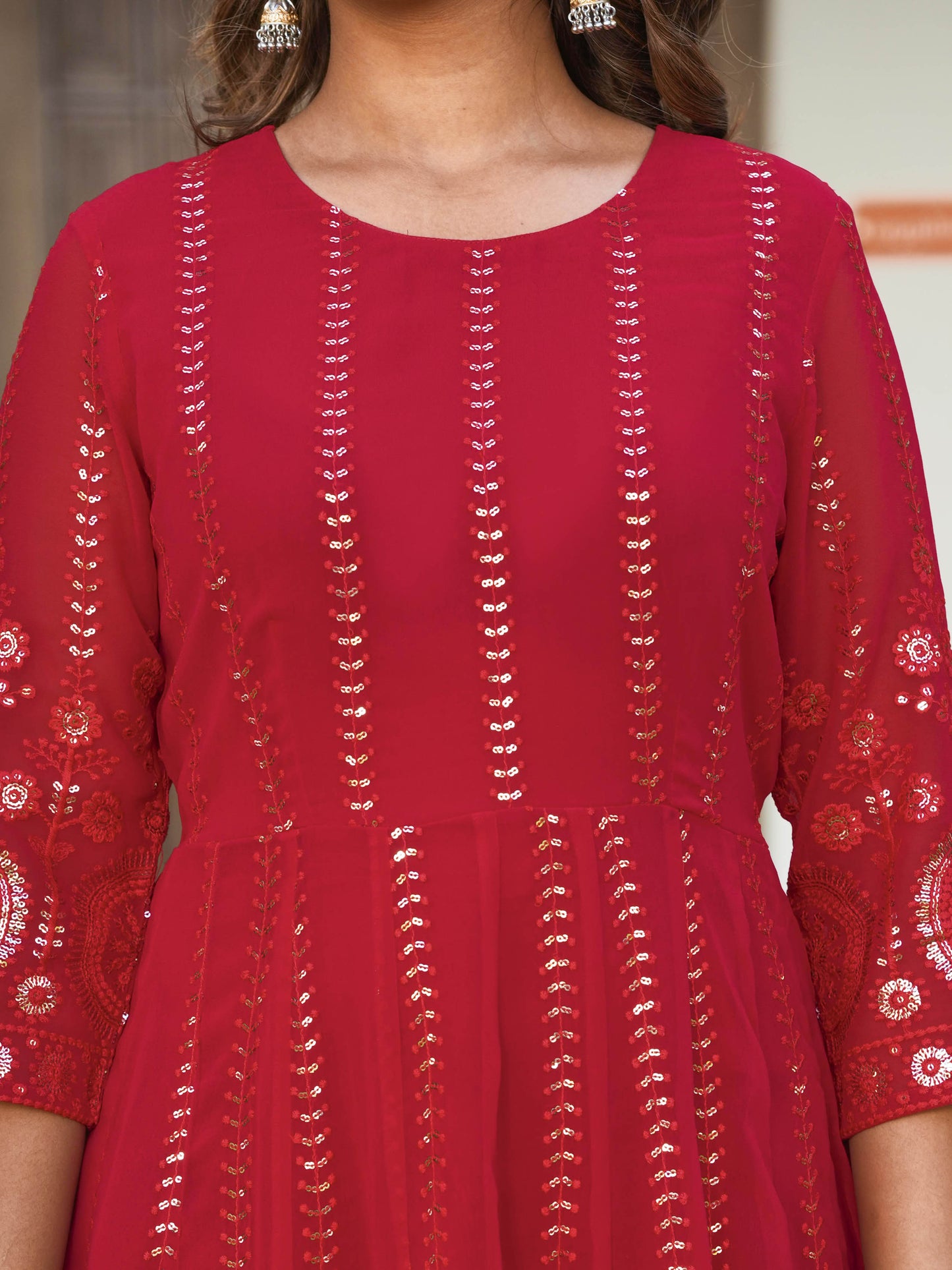 Embroidered Georgette Solid Red Anarkali Kurta