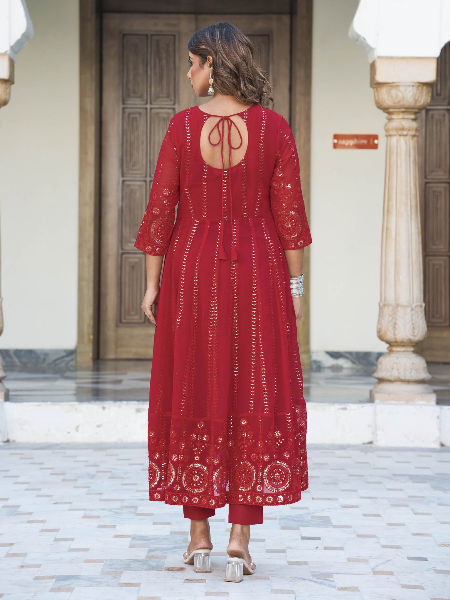 Embroidered Georgette Solid Red Anarkali Kurta