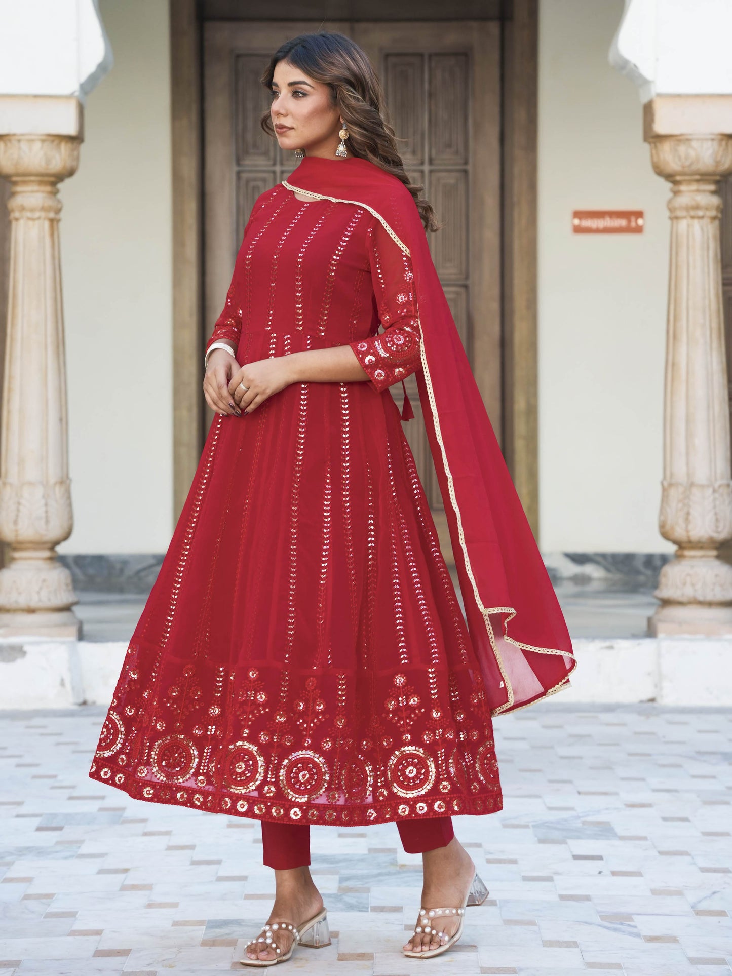 Embroidered Georgette Solid Red Anarkali Kurta