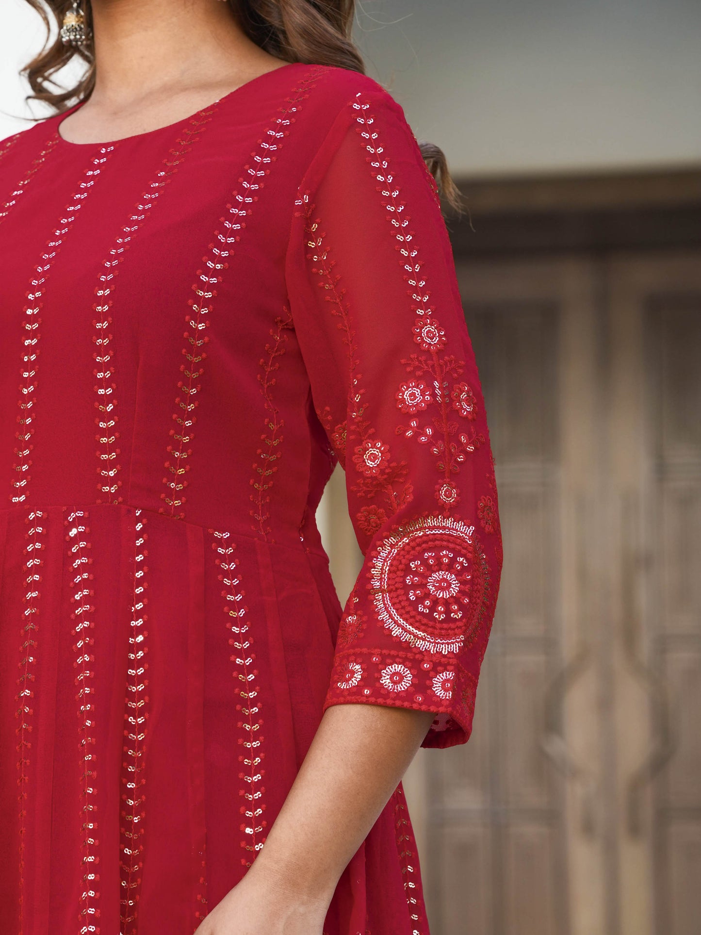 Embroidered Georgette Solid Red Anarkali Kurta