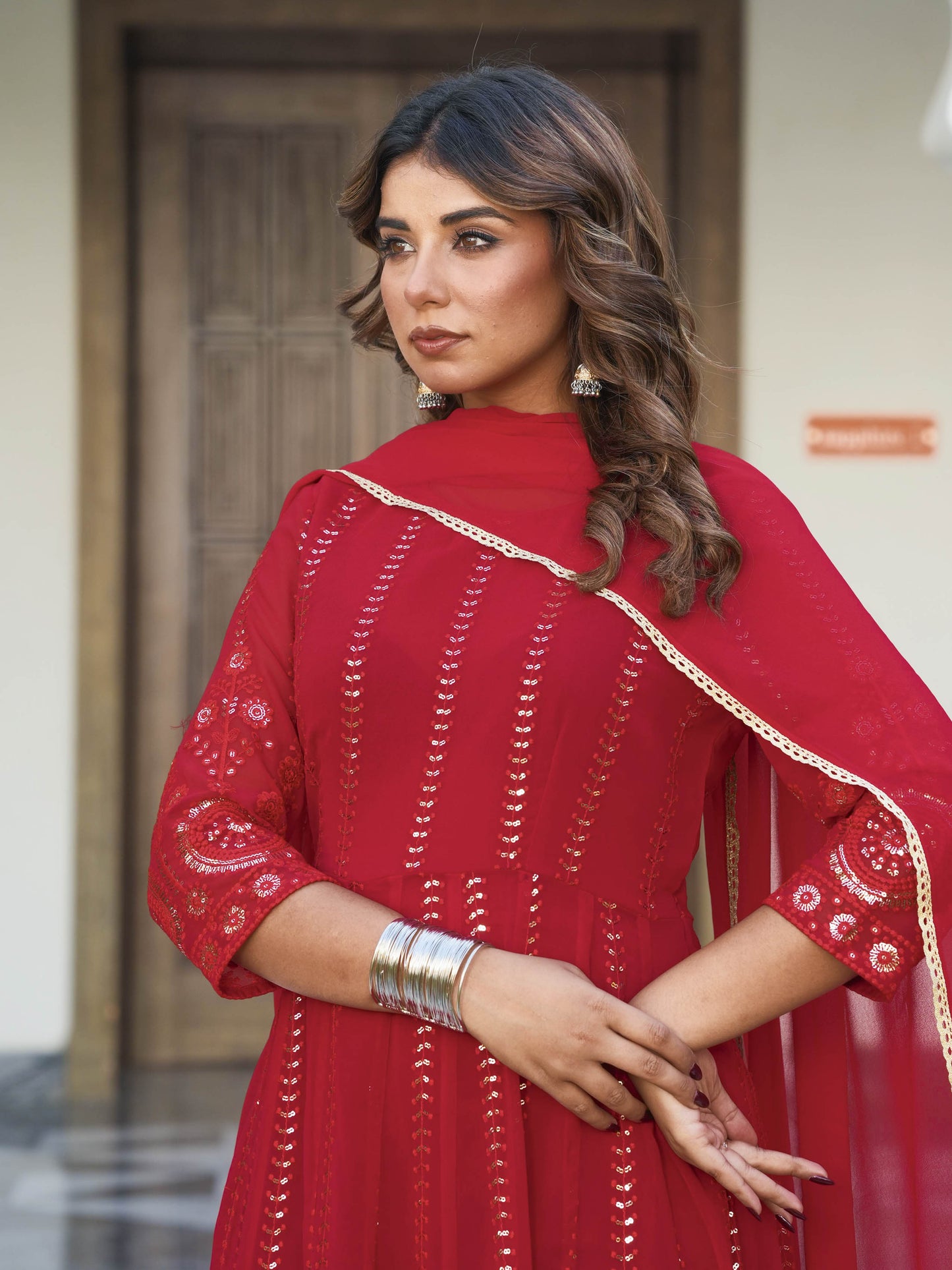 Embroidered Georgette Solid Red Anarkali Kurta