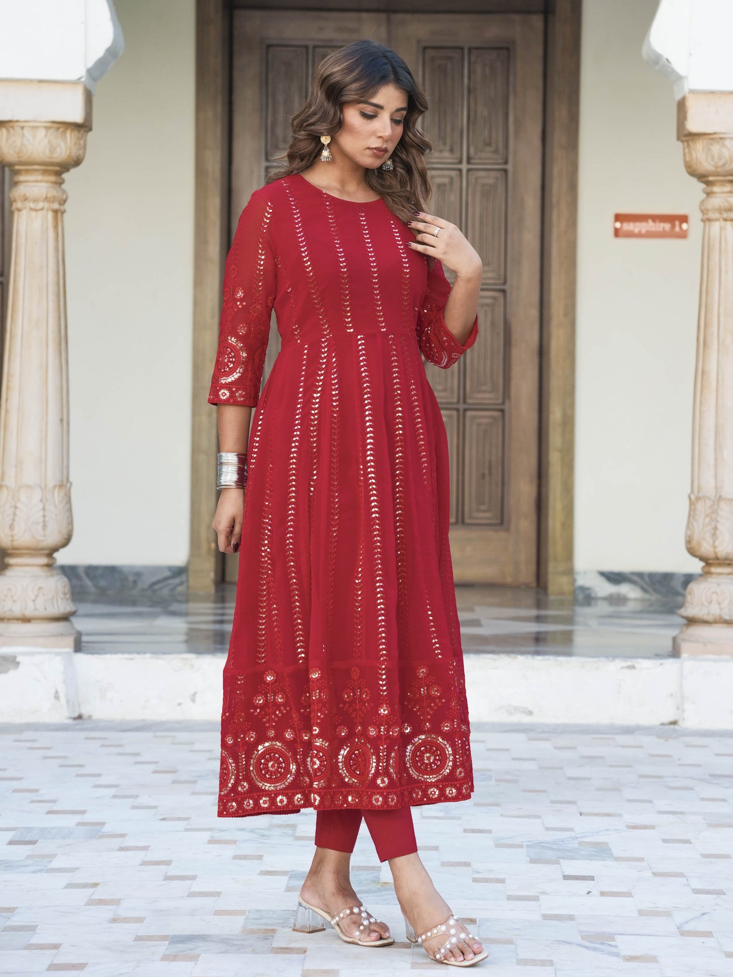Embroidered Georgette Solid Red Anarkali Kurta