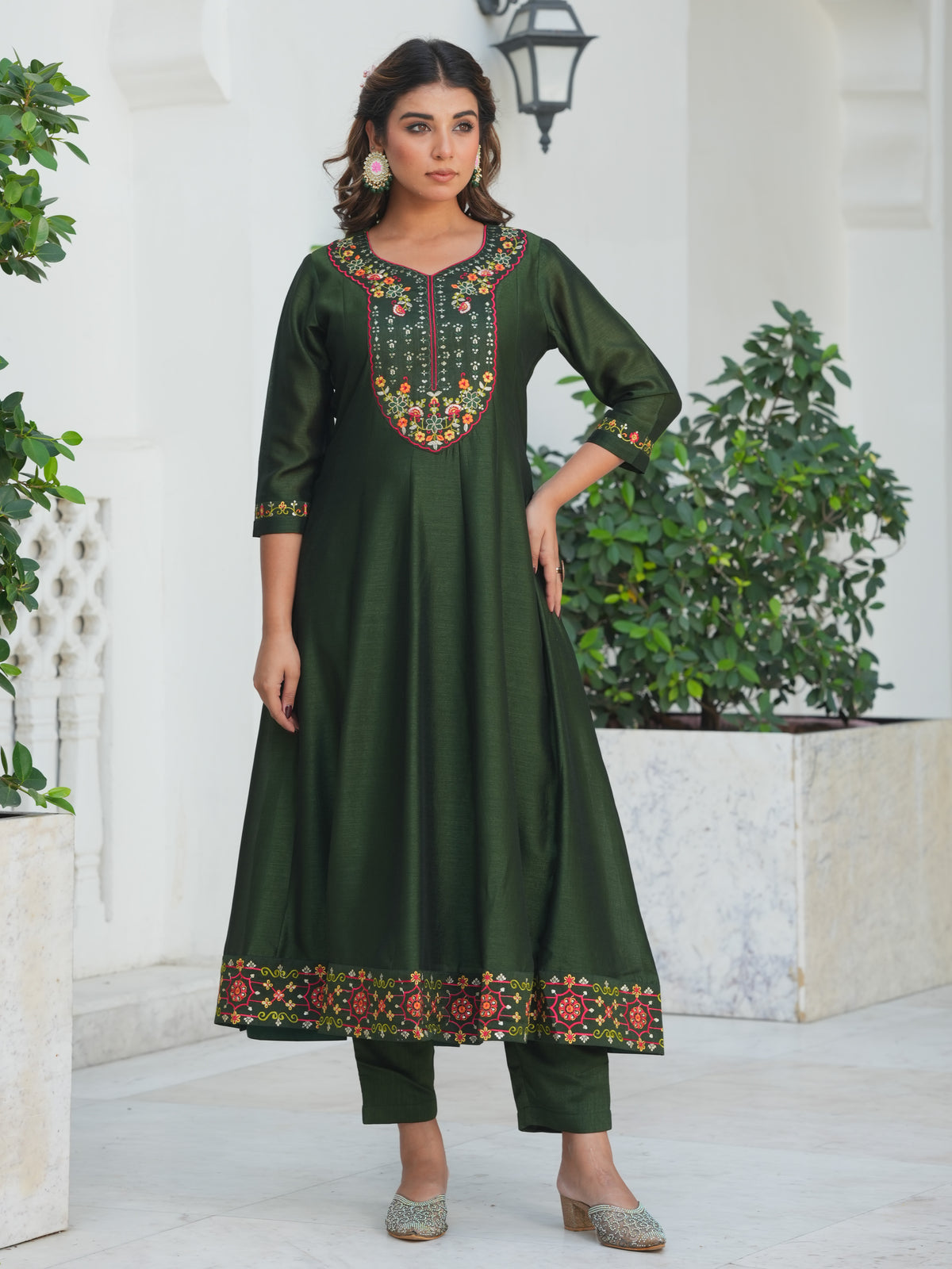 Embroidered Poly Silk Solid Bottle Green Kurta