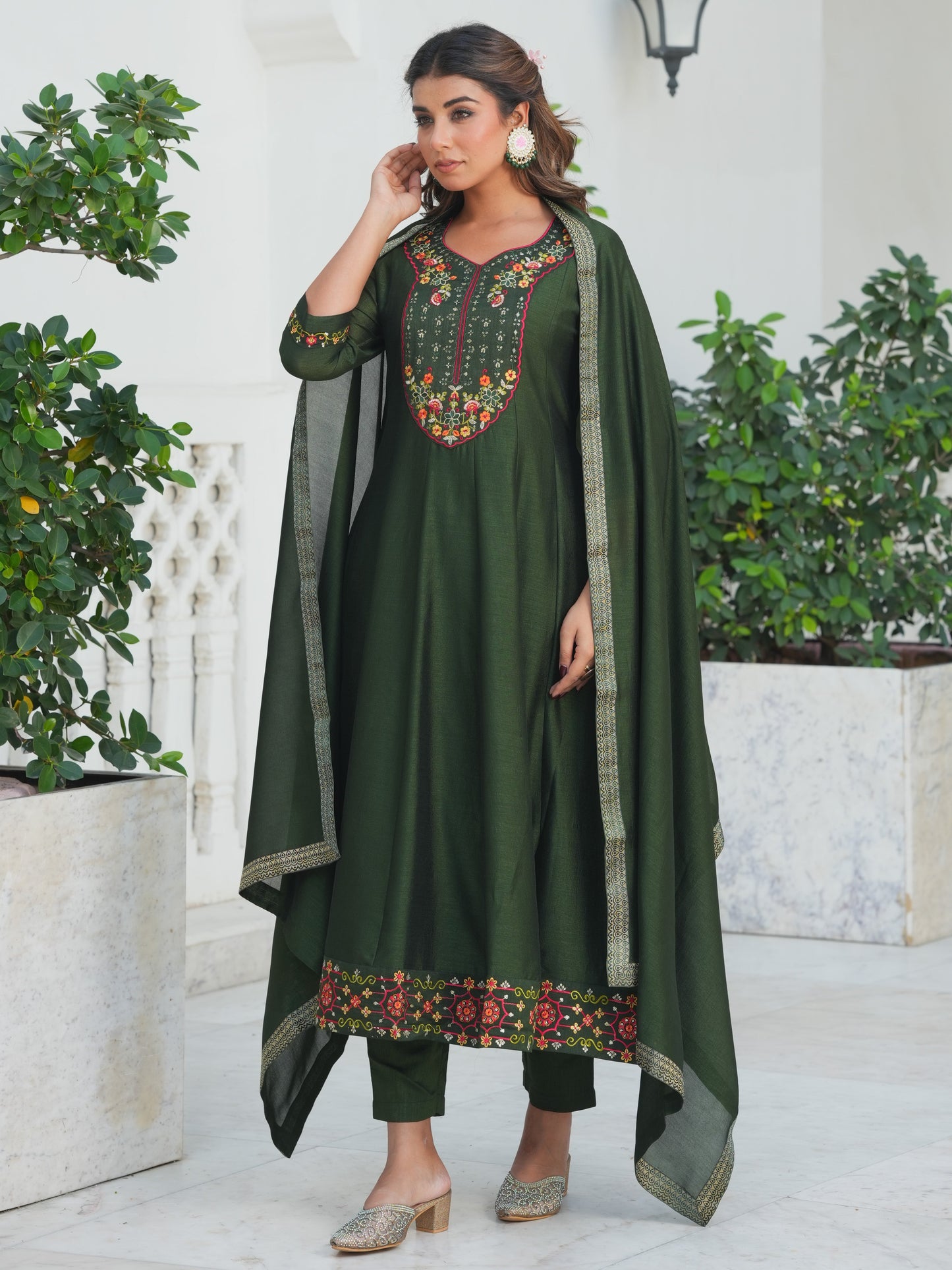 Embroidered Poly Silk Solid Bottle Green Kurta