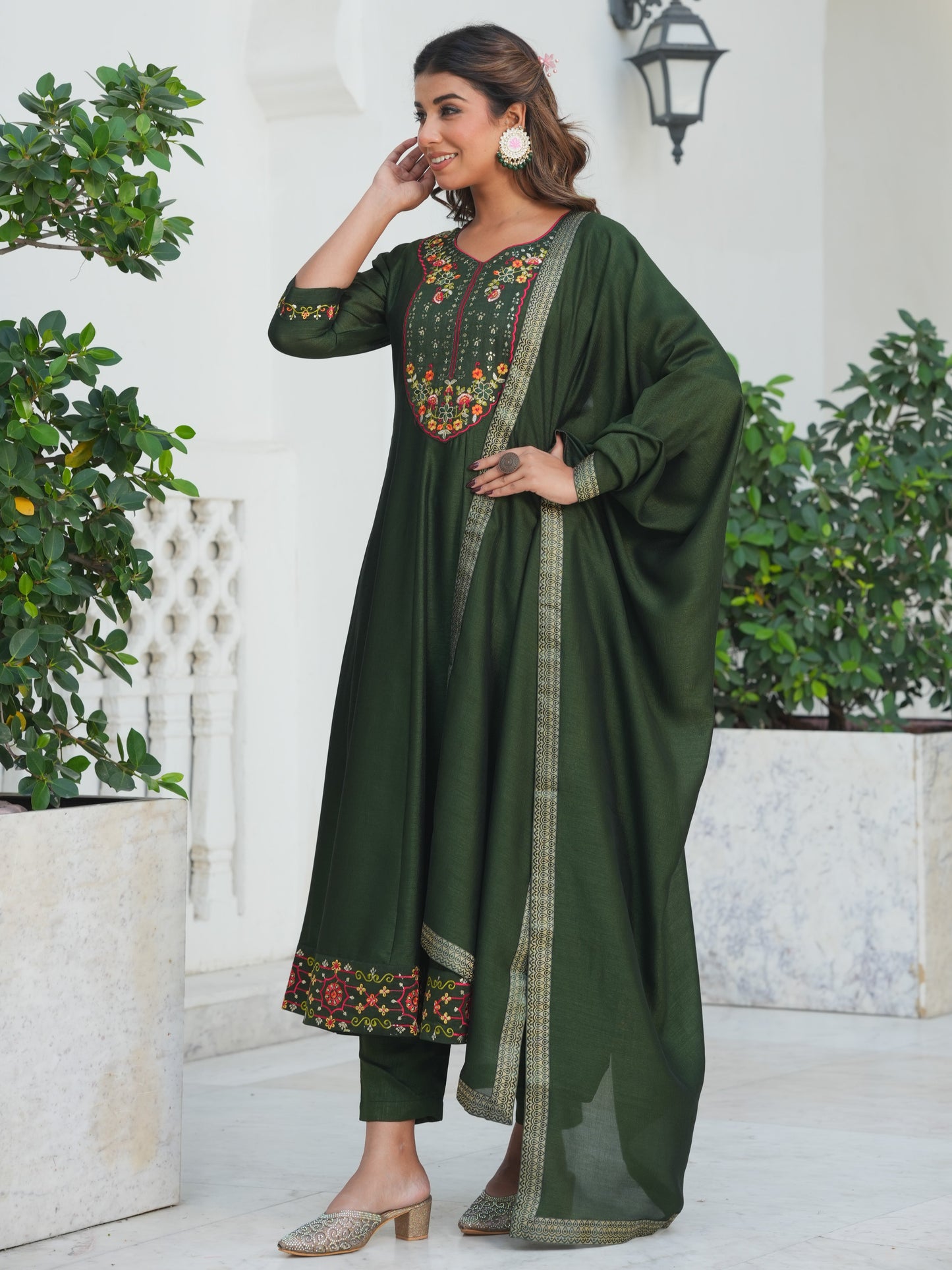 Embroidered Poly Silk Solid Bottle Green Kurta