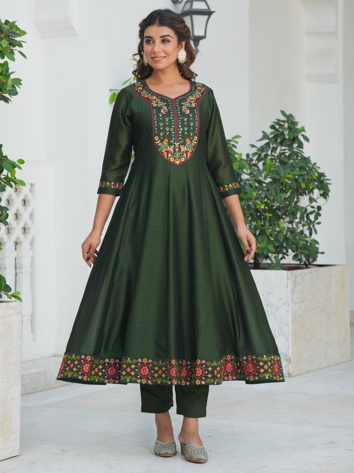 Embroidered Poly Silk Solid Bottle Green Kurta