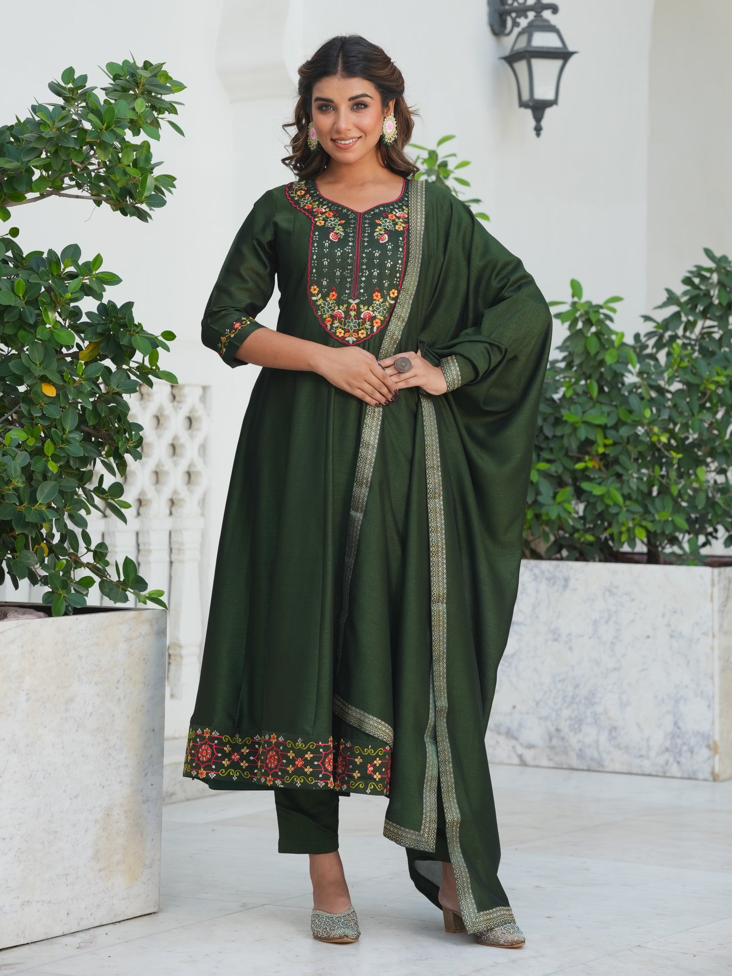 Embroidered Poly Silk Solid Bottle Green Kurta
