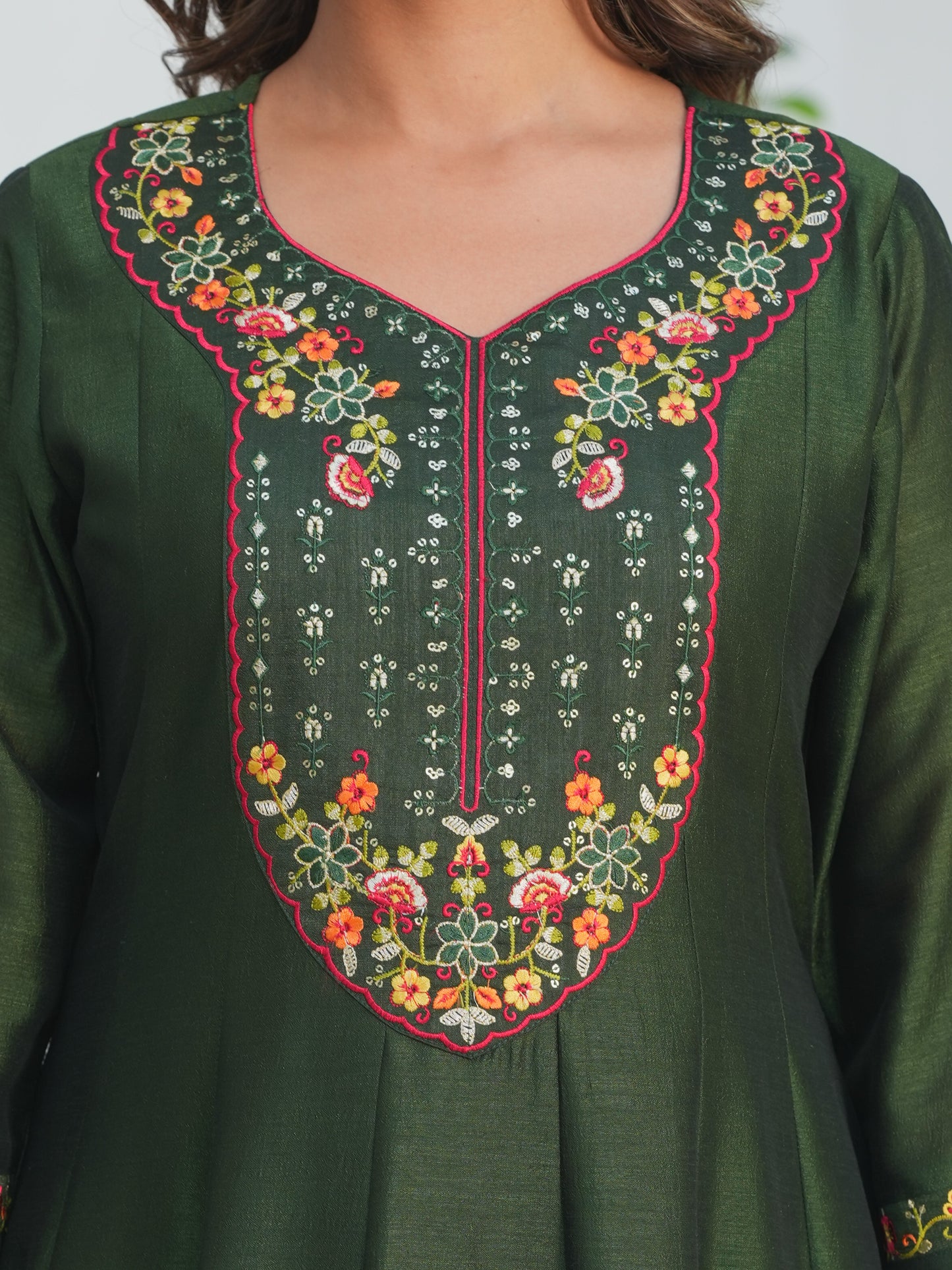 Embroidered Poly Silk Solid Bottle Green Kurta