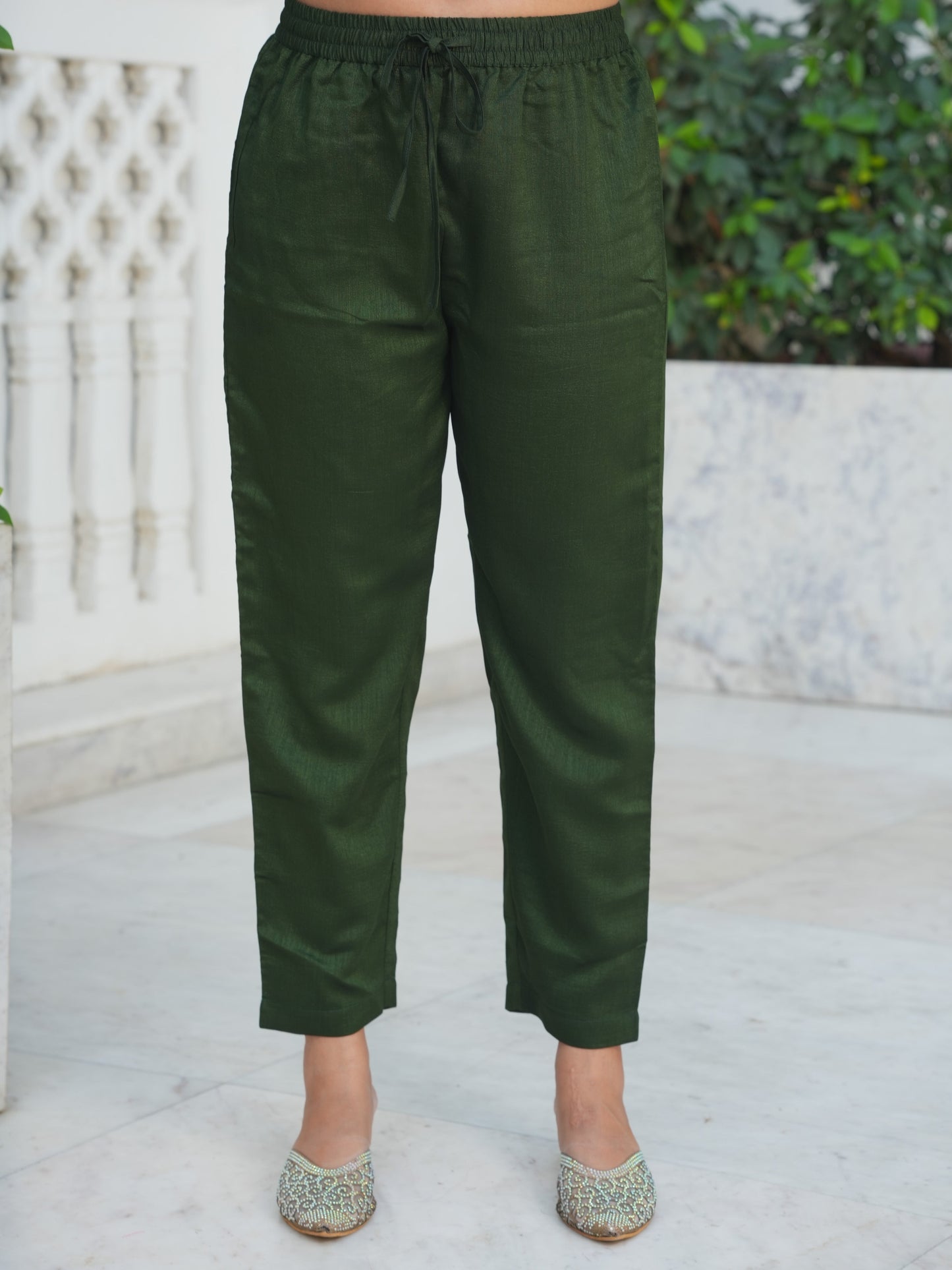Embroidered Poly Silk Solid Bottle Green Kurta