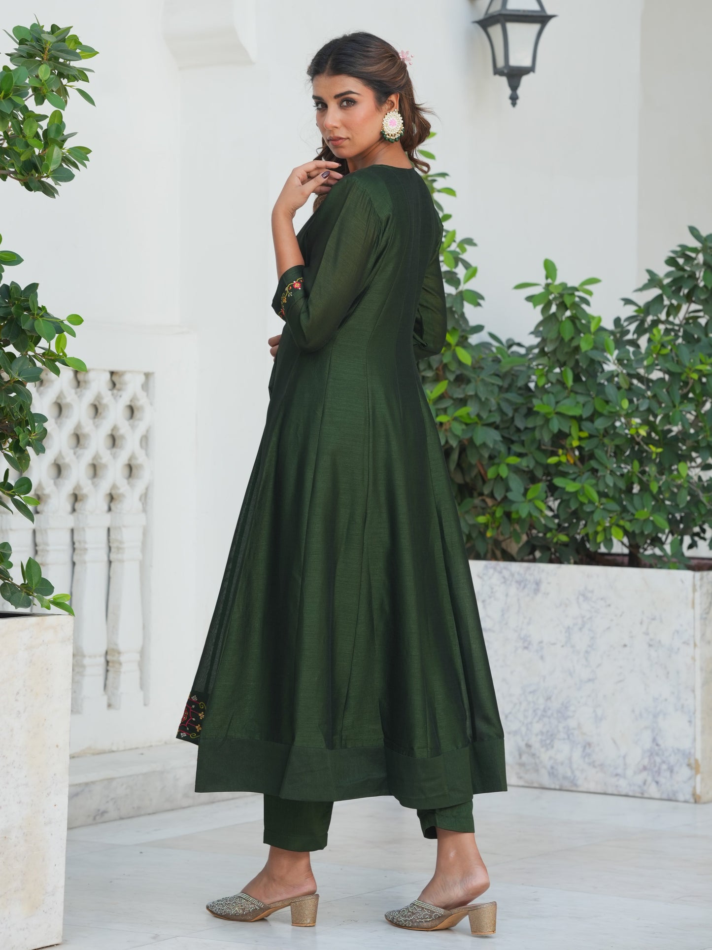 Embroidered Poly Silk Solid Bottle Green Kurta