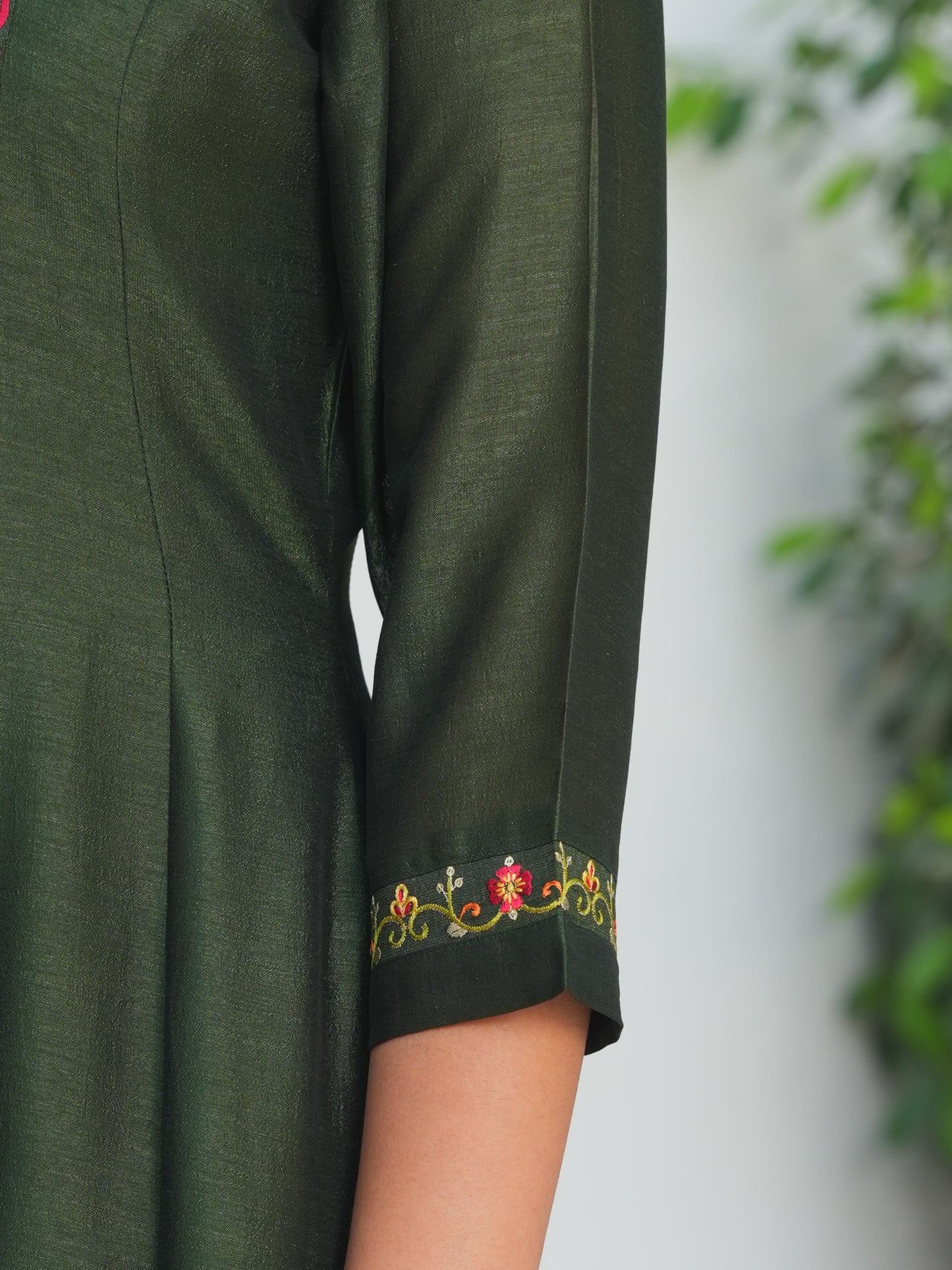 Embroidered Poly Silk Solid Bottle Green Kurta