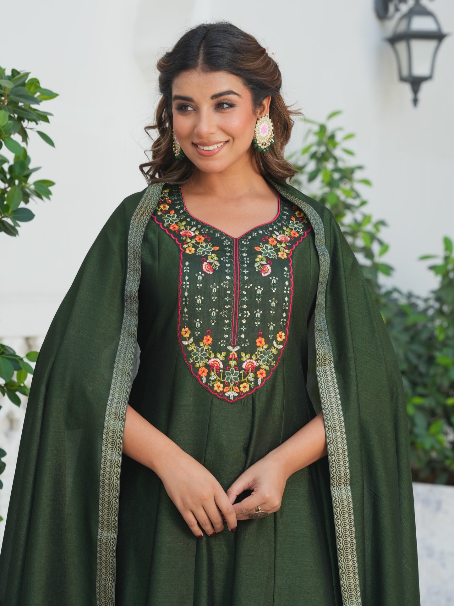 Embroidered Poly Silk Solid Bottle Green Kurta