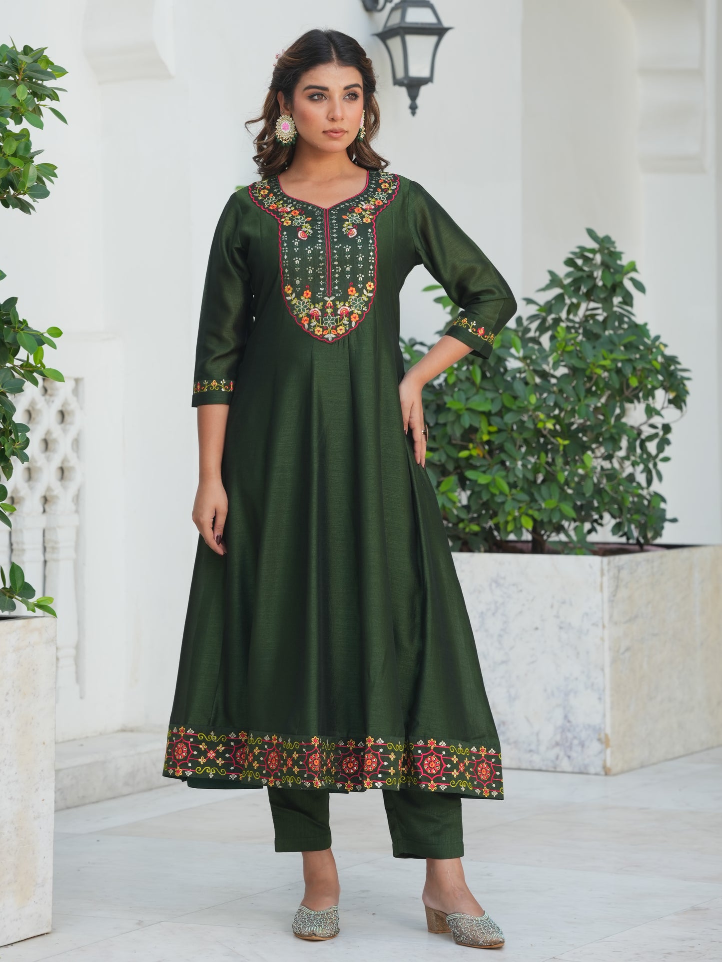 Embroidered Blended Silk Solid Bottle Green Anarkali Kurta