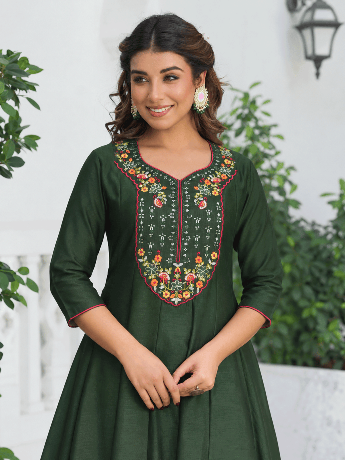 Embroidered Poly Silk Solid Bottle Green Kurta