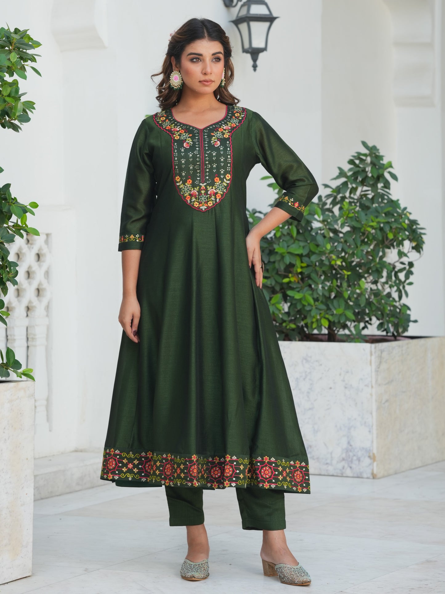 Embroidered Poly Silk Solid Bottle Green Kurta