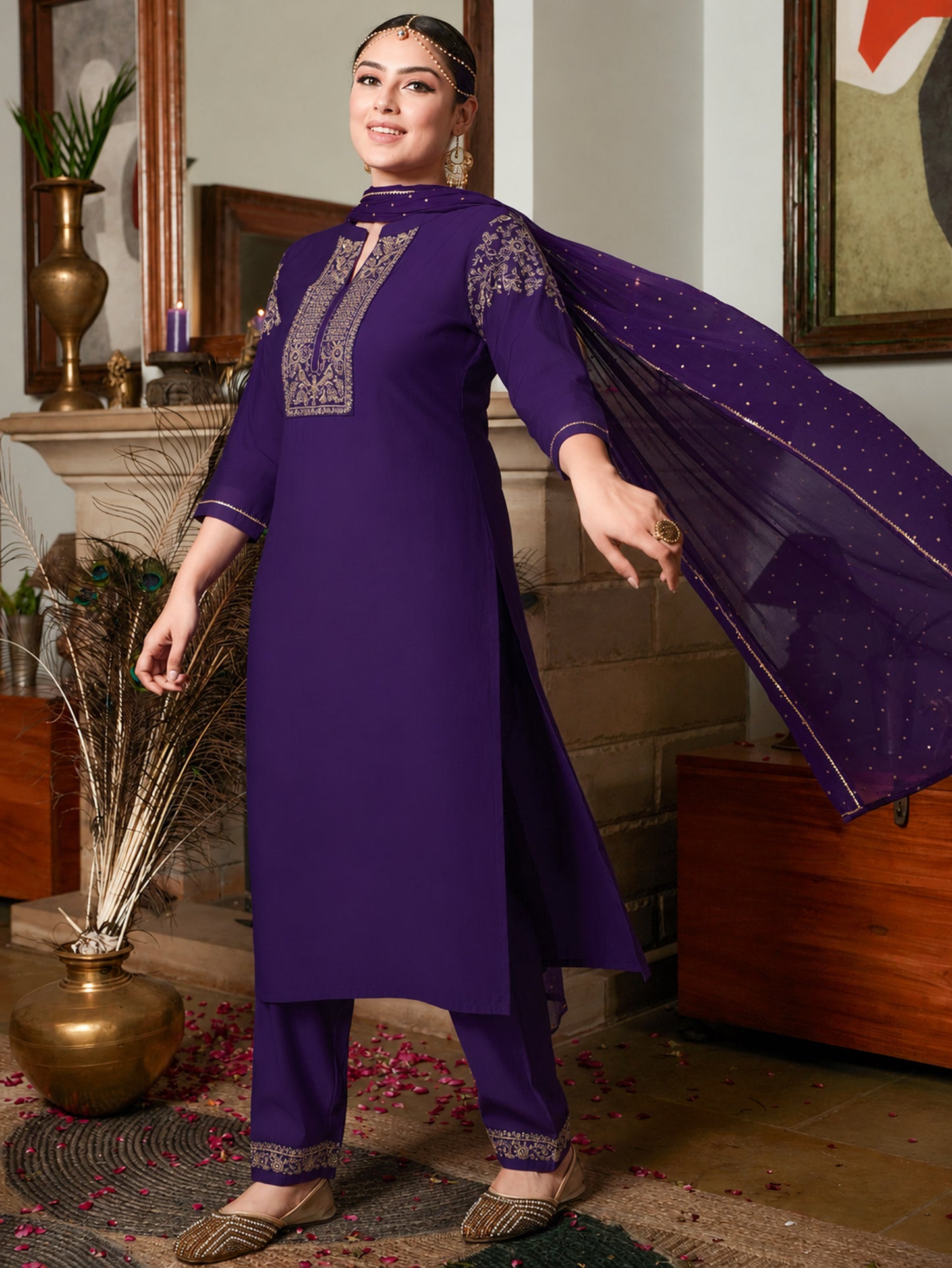 Embroidered Chanderi Solid Purple Kurta