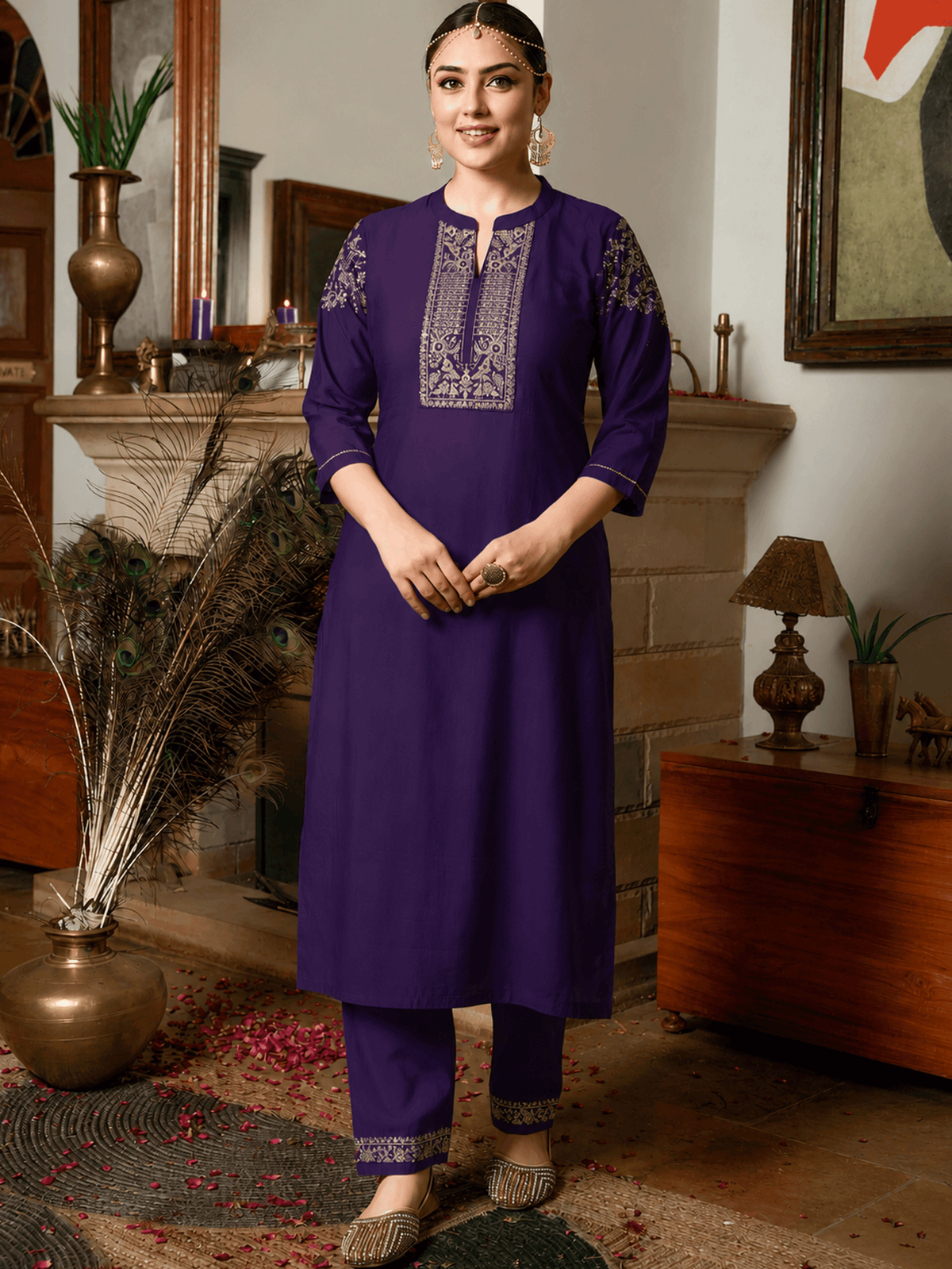 Embroidered Chanderi Solid Purple Straight Kurta
