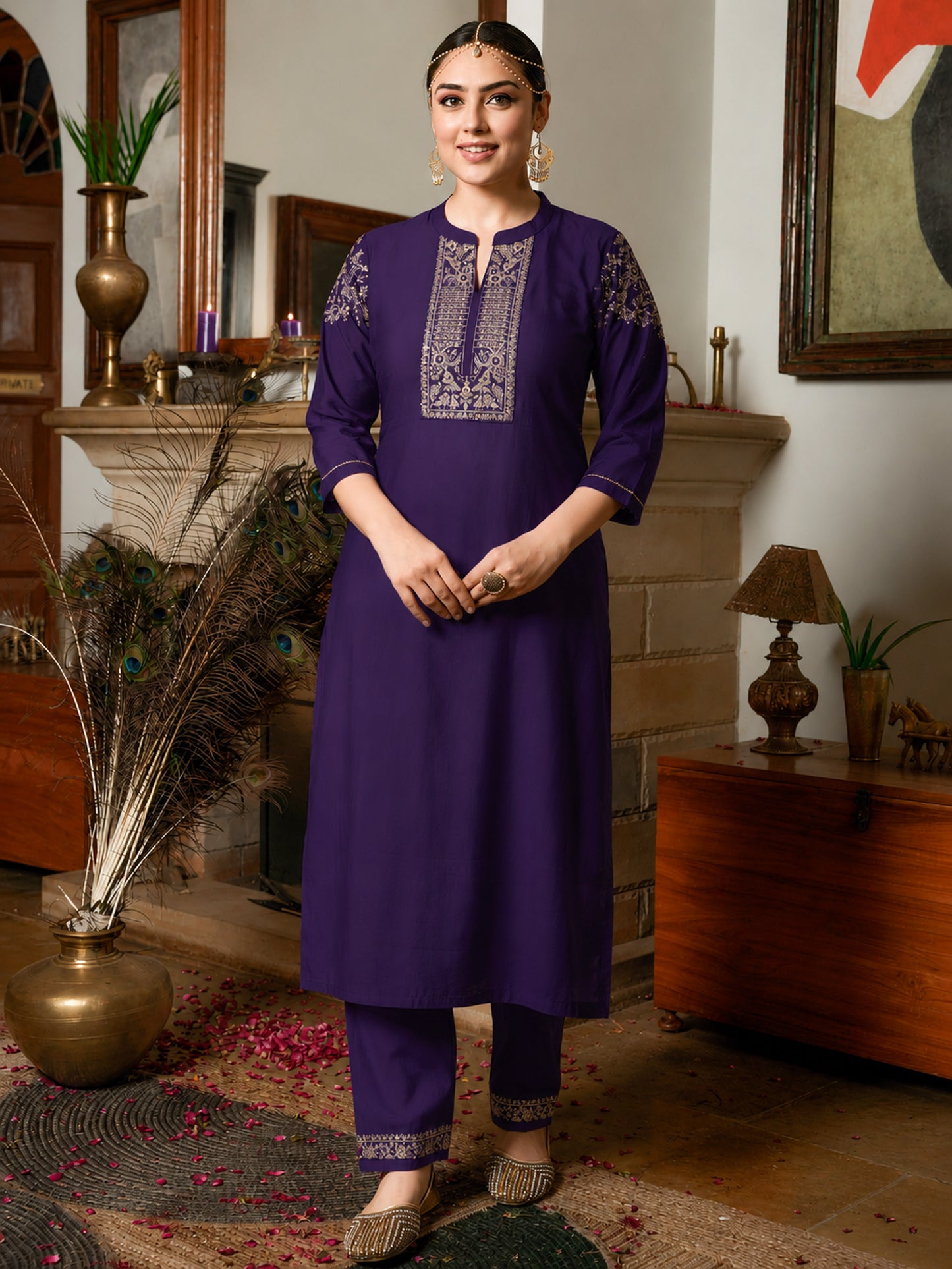 Embroidered Chanderi Solid Purple Kurta