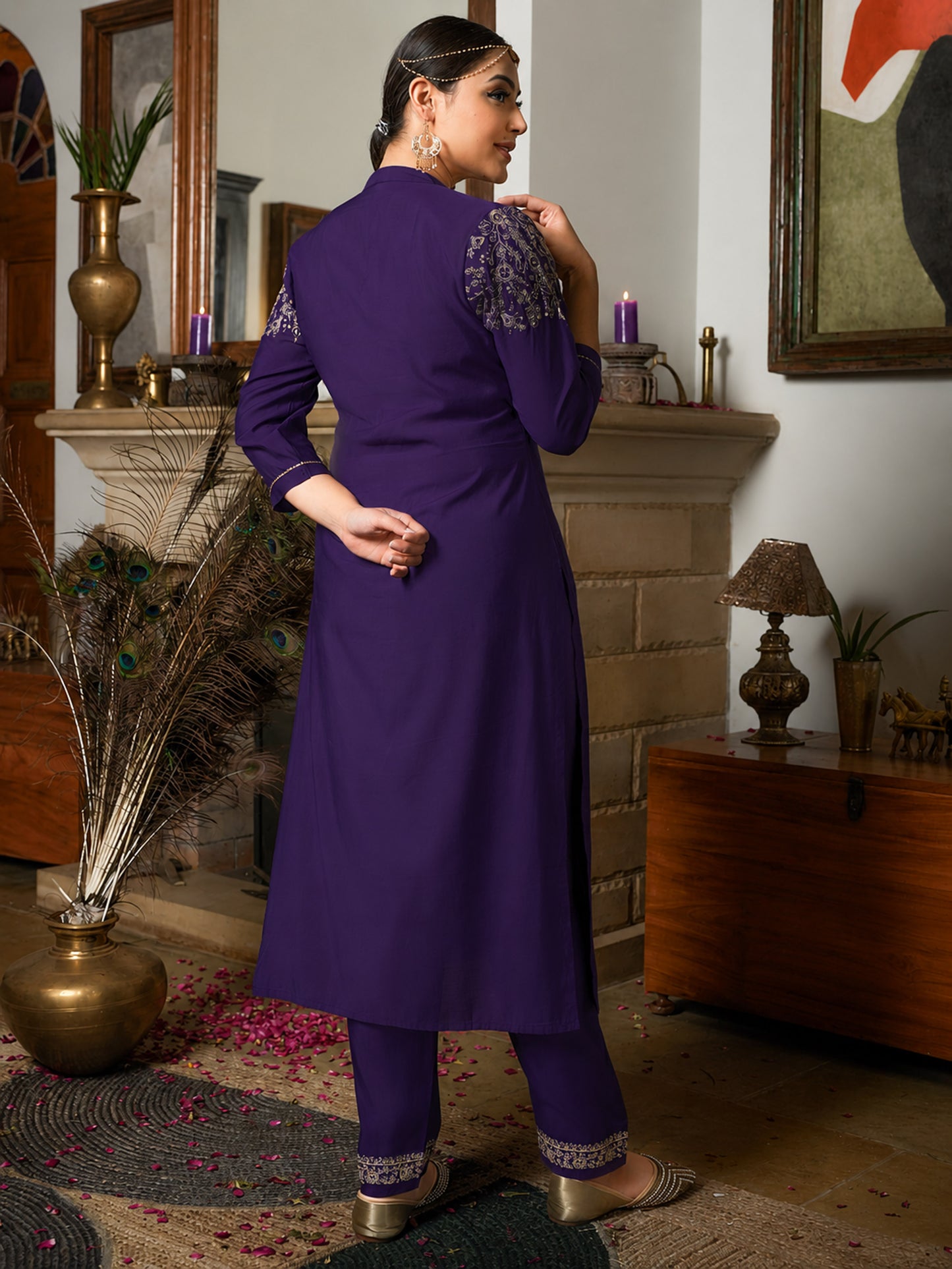 Embroidered Chanderi Solid Purple Kurta