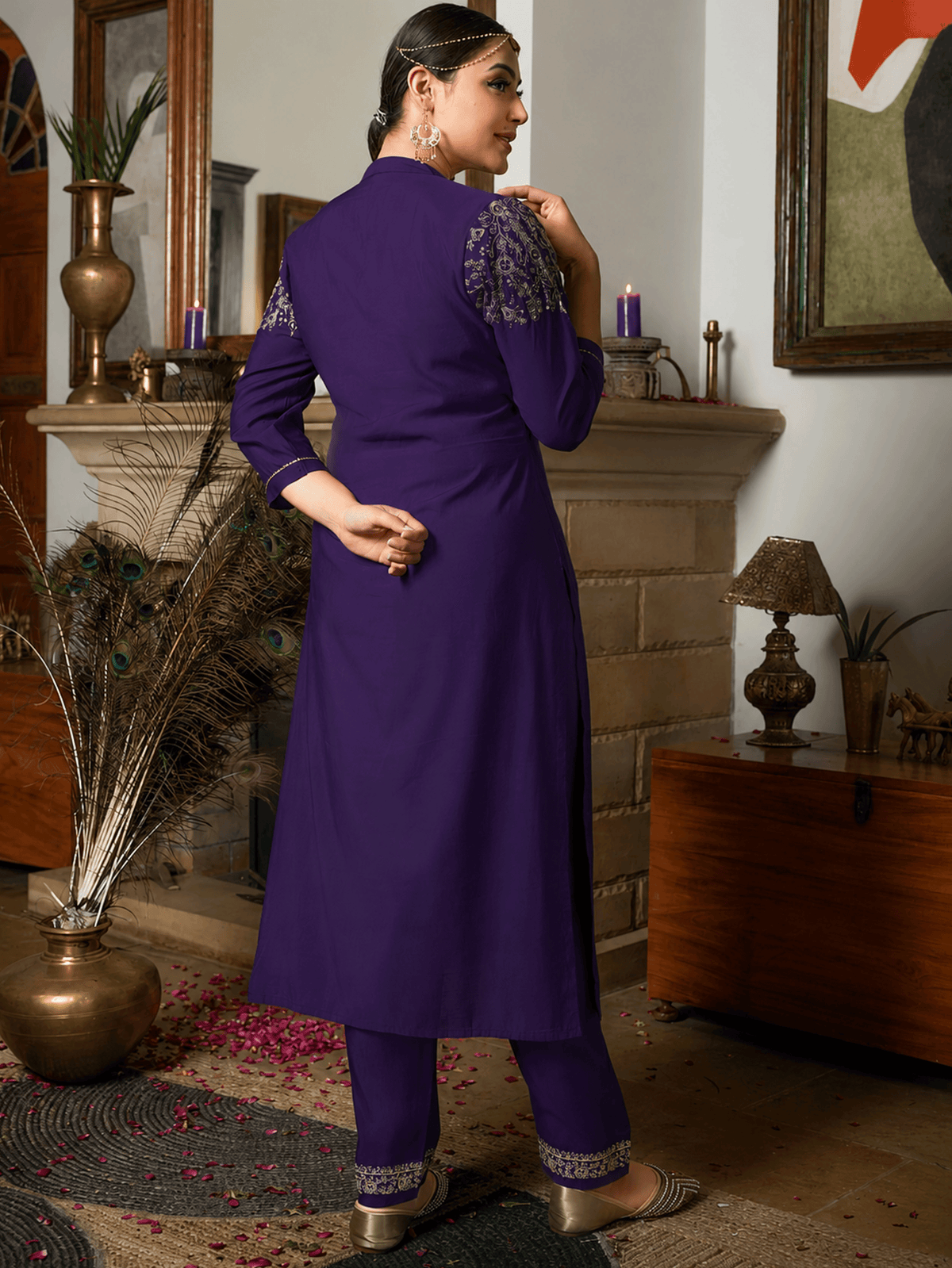Embroidered Chanderi Solid Purple Straight Kurta