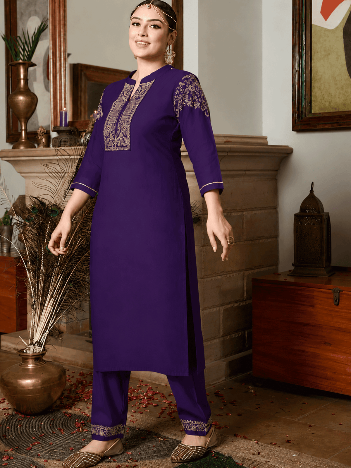 Embroidered Chanderi Solid Purple Straight Kurta