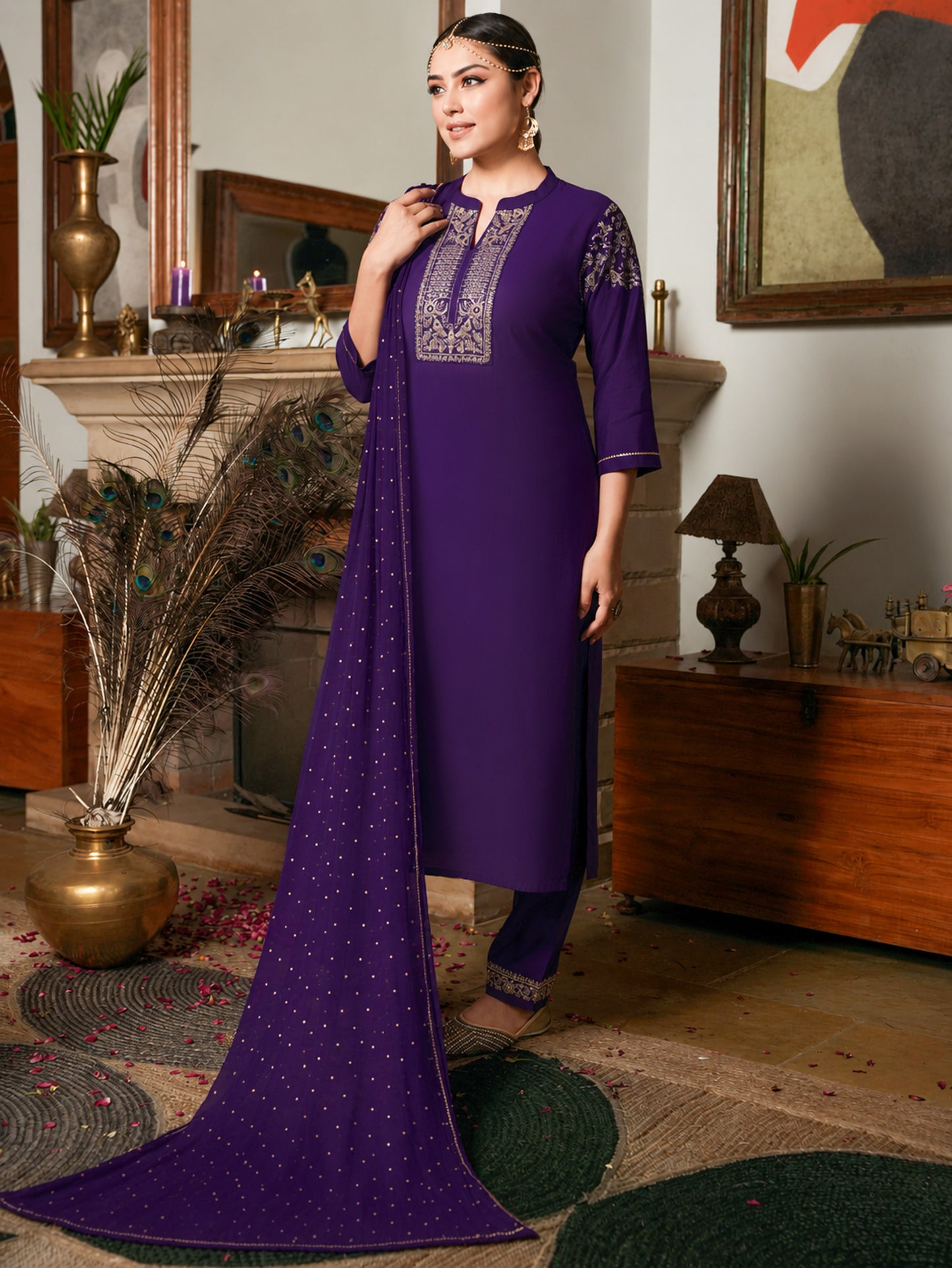 Embroidered Chanderi Solid Purple Kurta