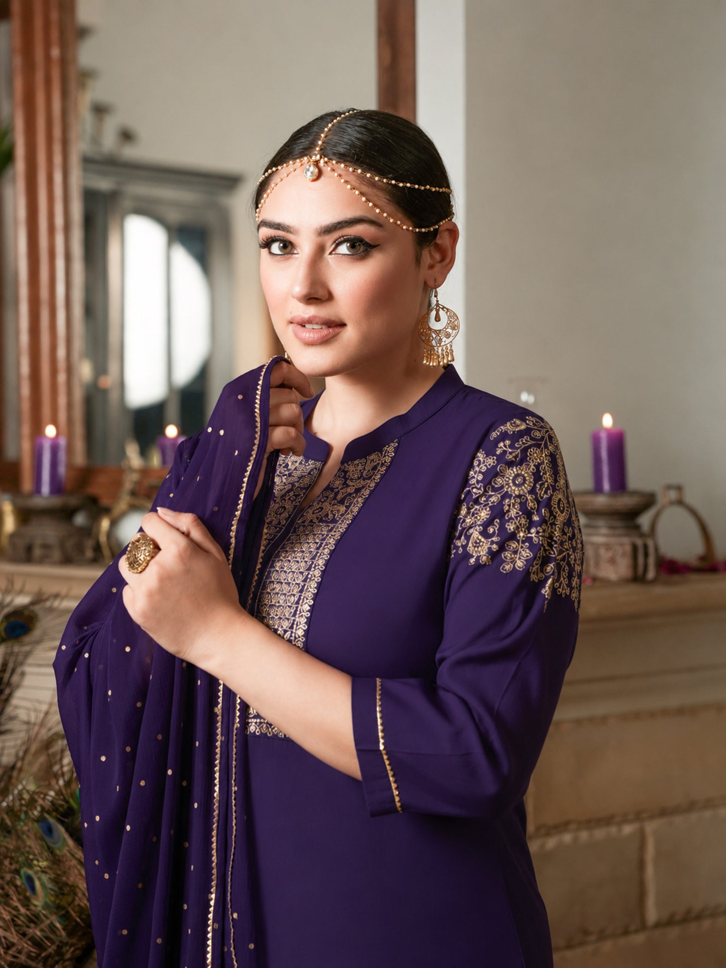 Embroidered Chanderi Solid Purple Kurta