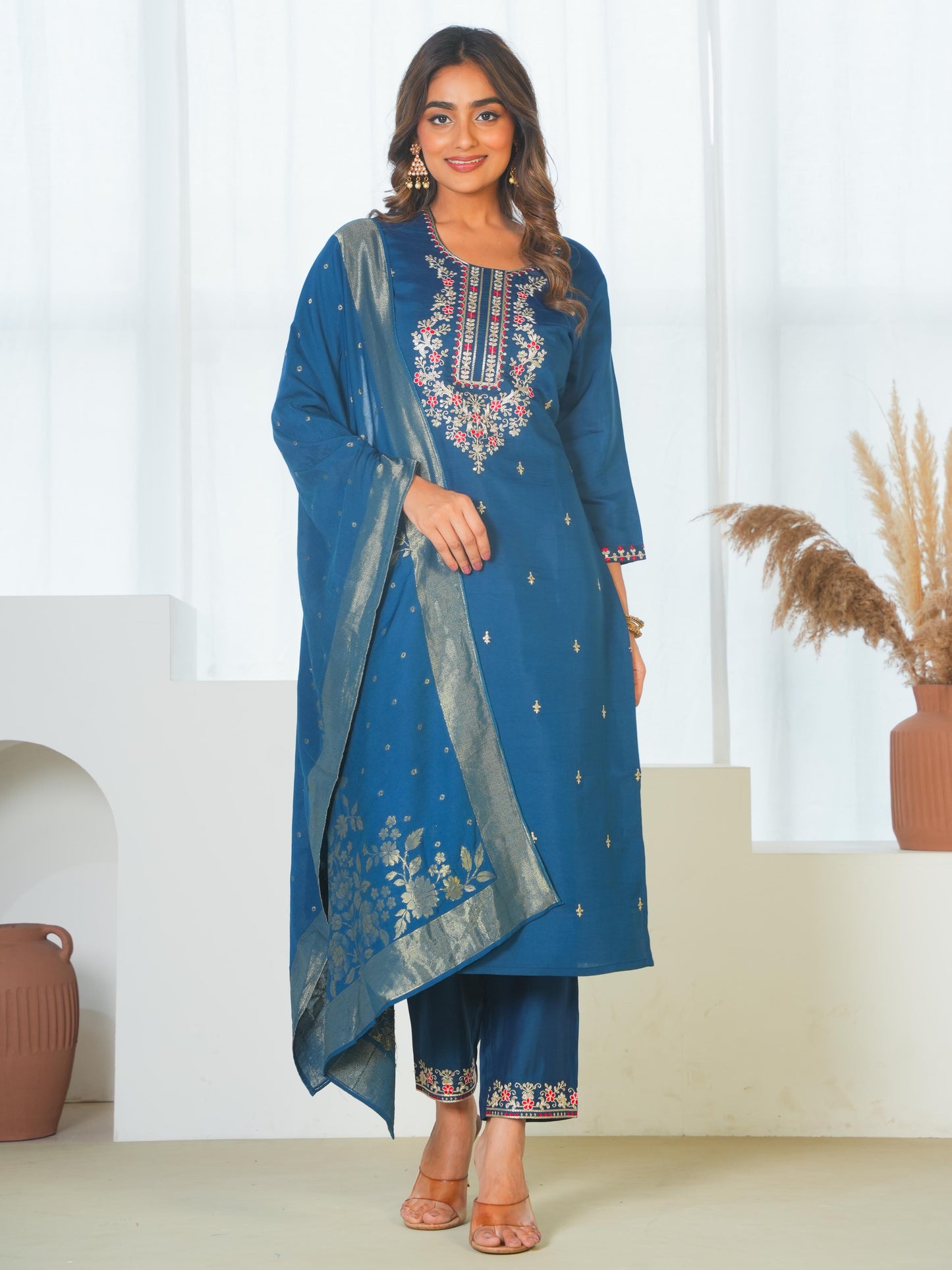 Silk Jacquard Solid Teal Dupatta