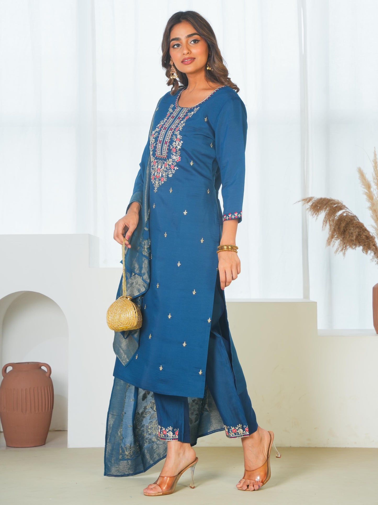 Silk Jacquard Solid Teal Dupatta