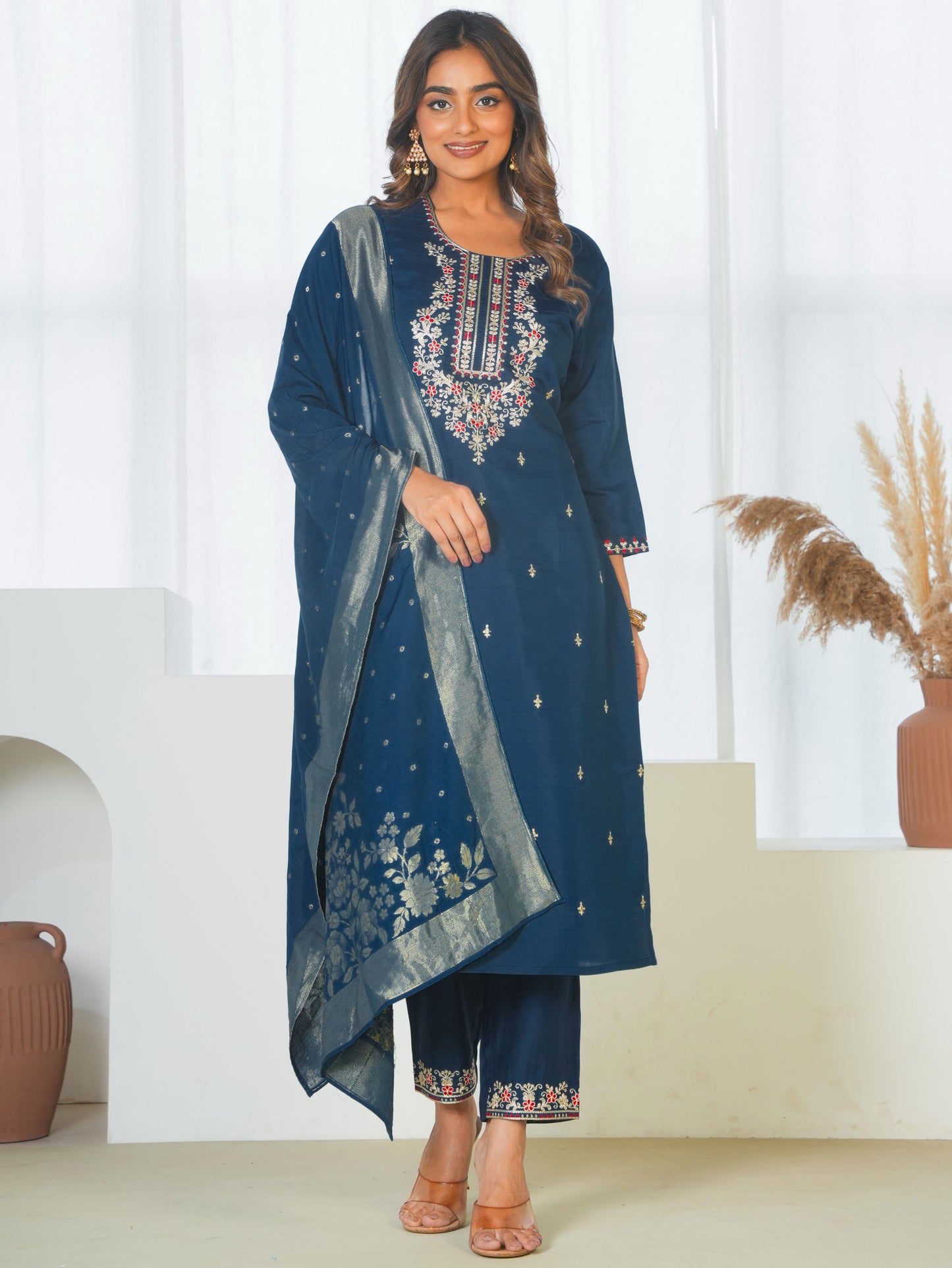 Silk Jacquard Solid Teal Dupatta
