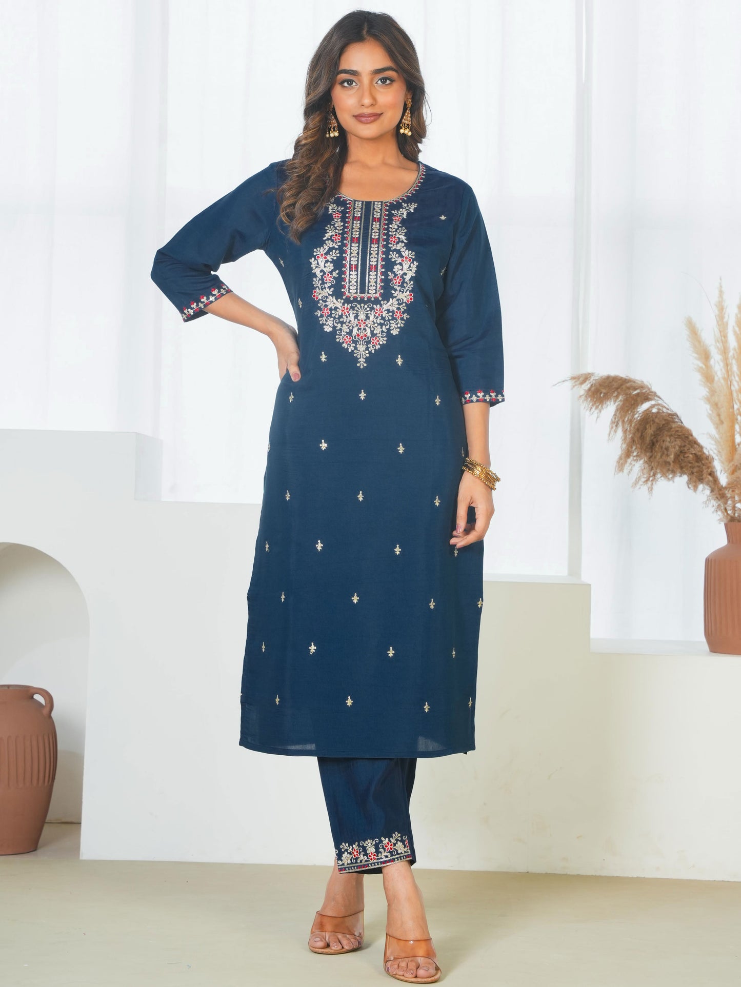 Embroidered Chanderi Solid Straight Teal Kurta