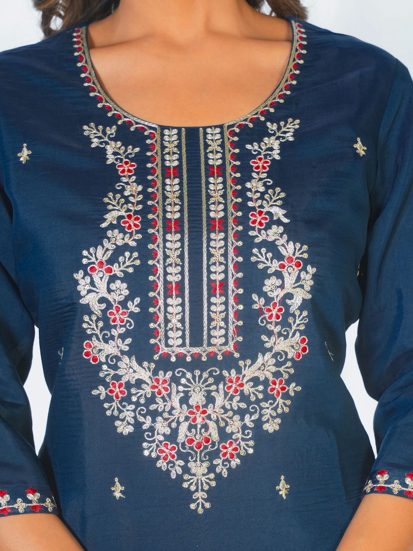 Embroidered Chanderi Solid Straight Teal Kurta