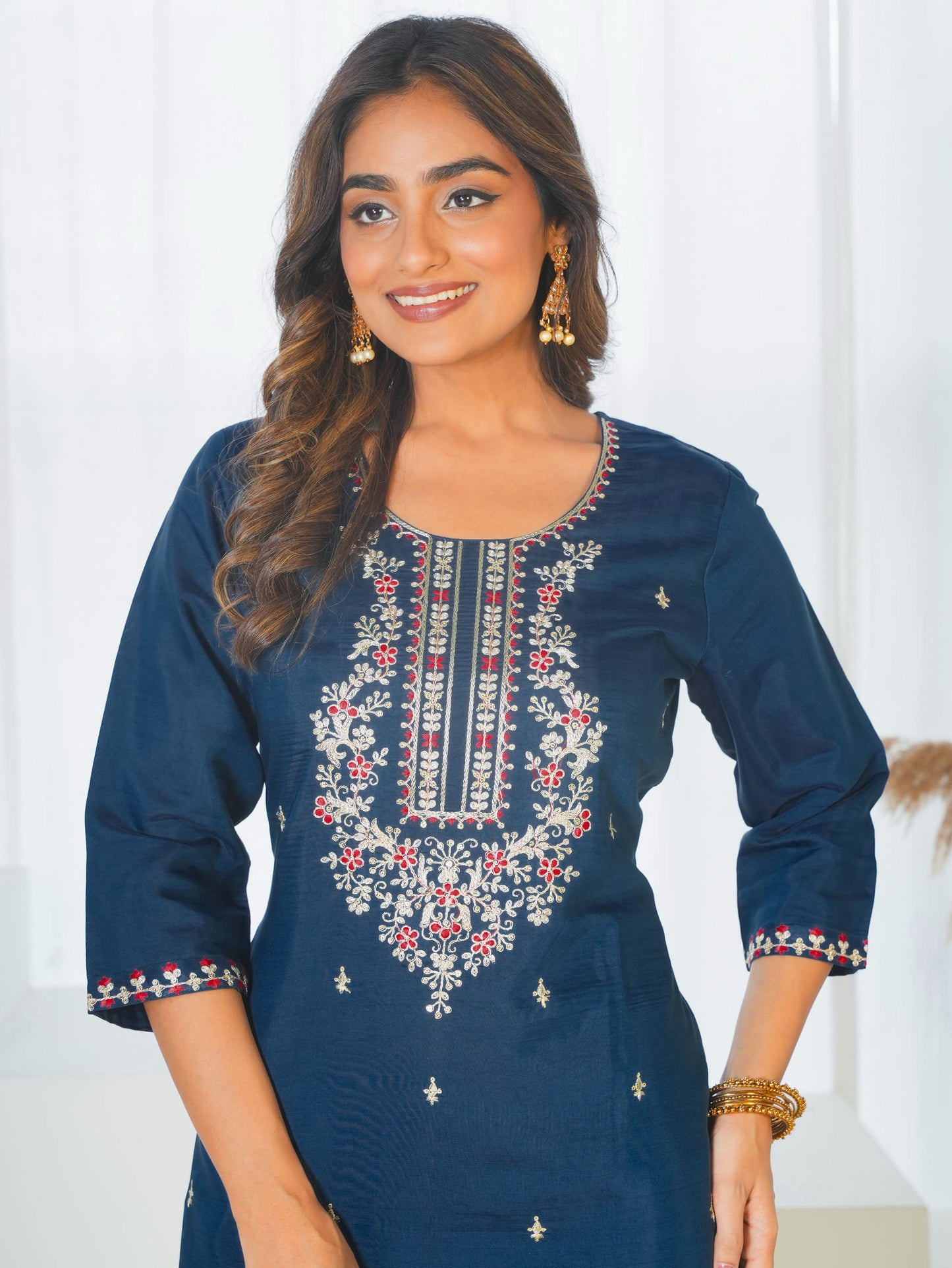 Embroidered Chanderi Solid Straight Teal Kurta