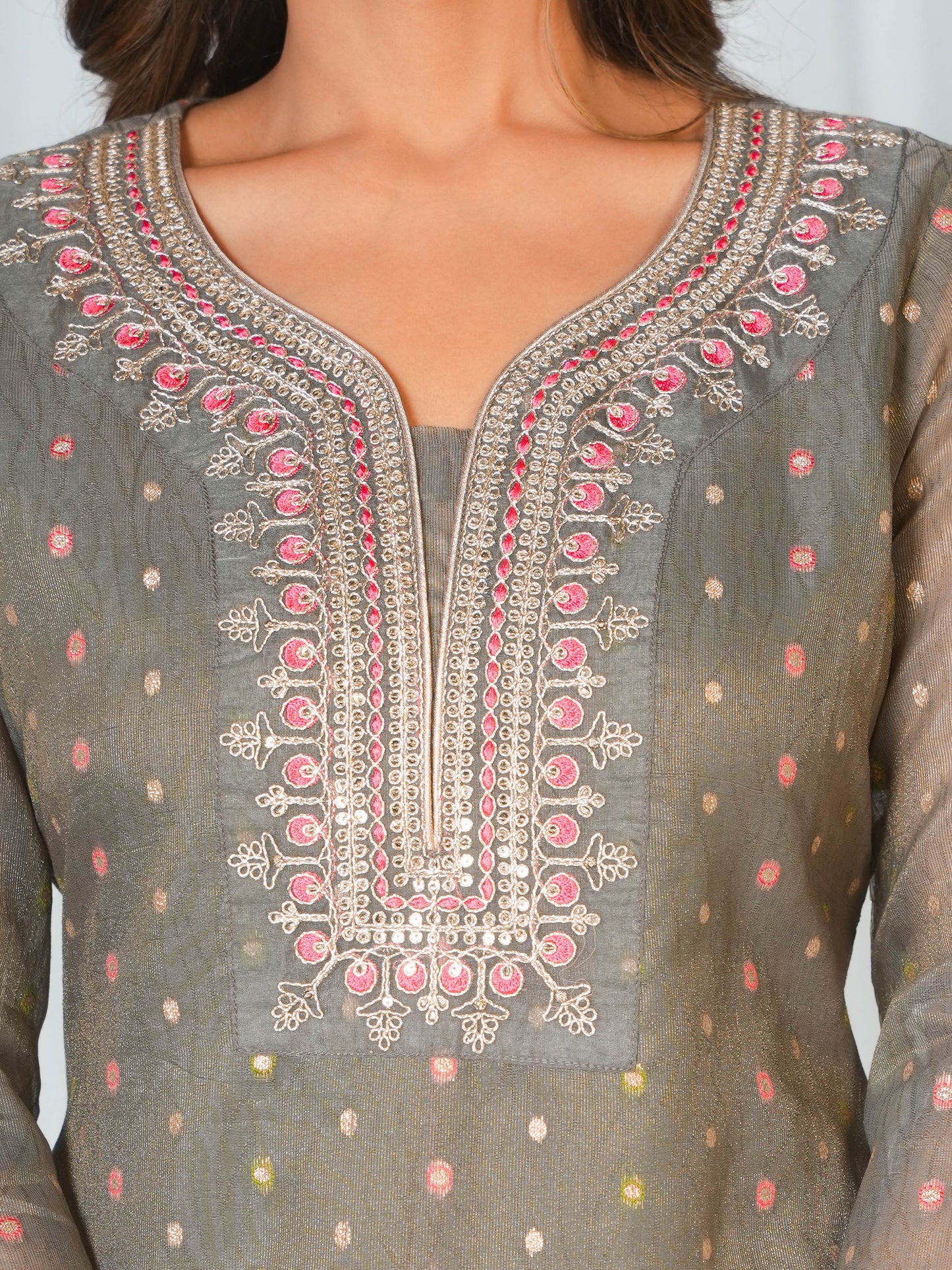 Embroidered Jacquard Solid Straight Grey Kurta