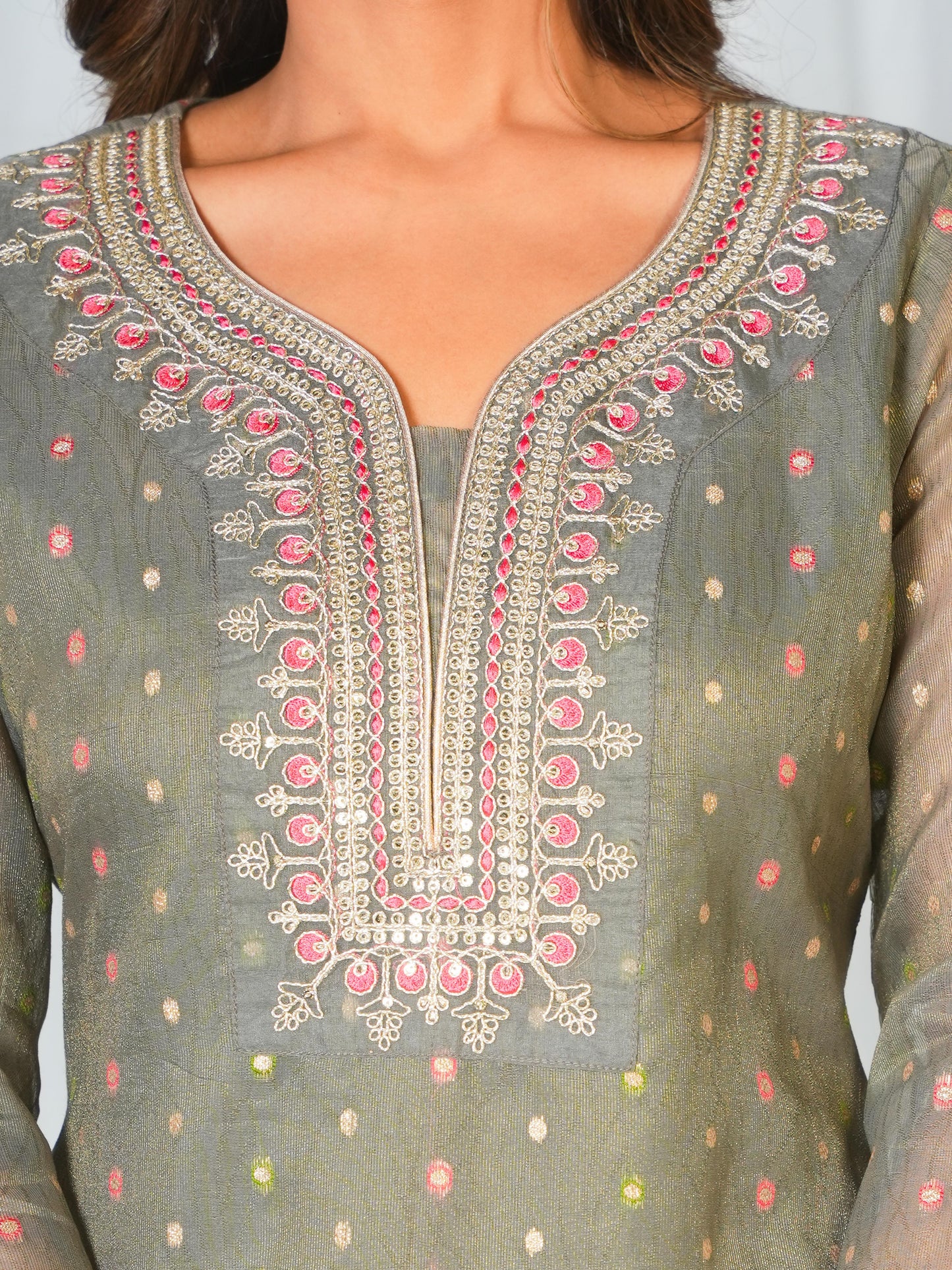 Embroidered Moss Jacquard Solid Straight Grey Kurta