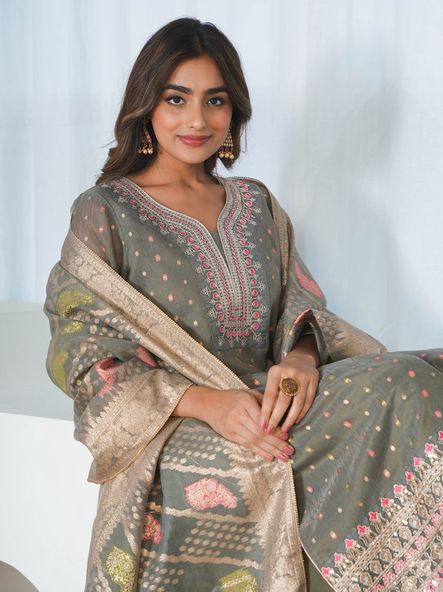 Embroidered Jacquard Solid Straight Grey Kurta