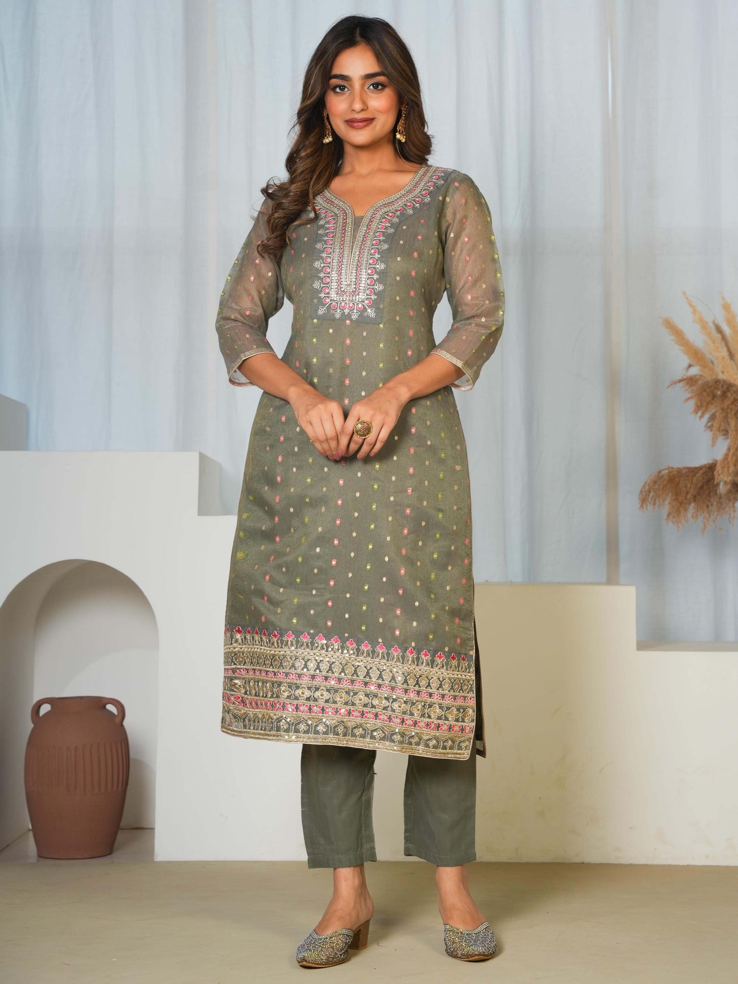 Embroidered Moss Jacquard Solid Straight Grey Kurta
