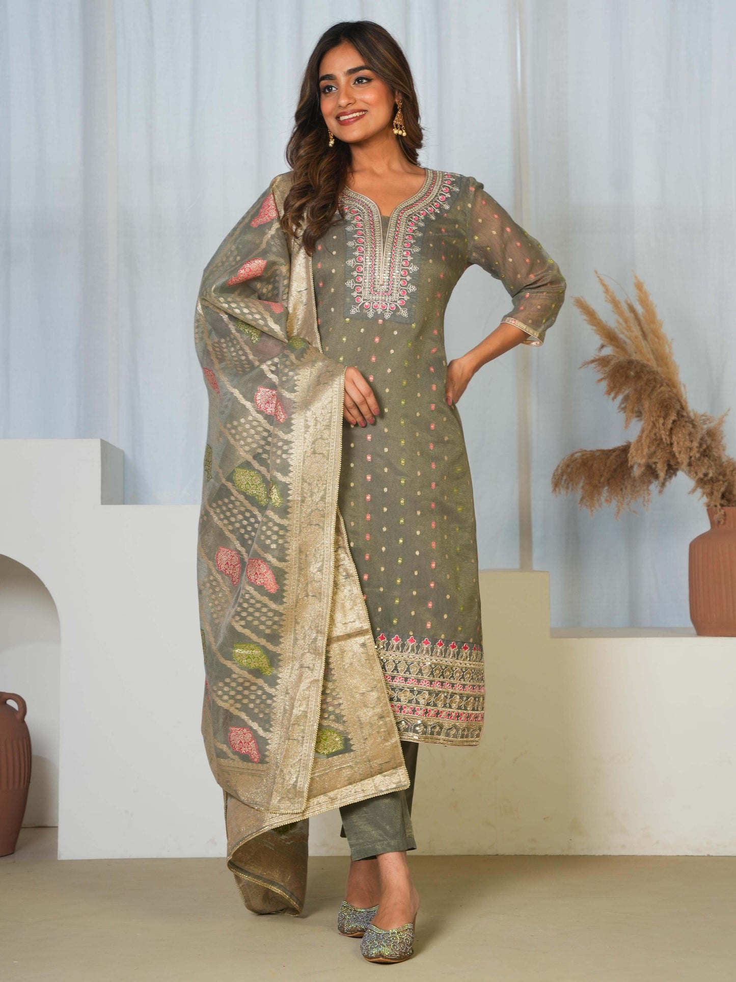 Embroidered Moss Jacquard Solid Straight Grey Kurta