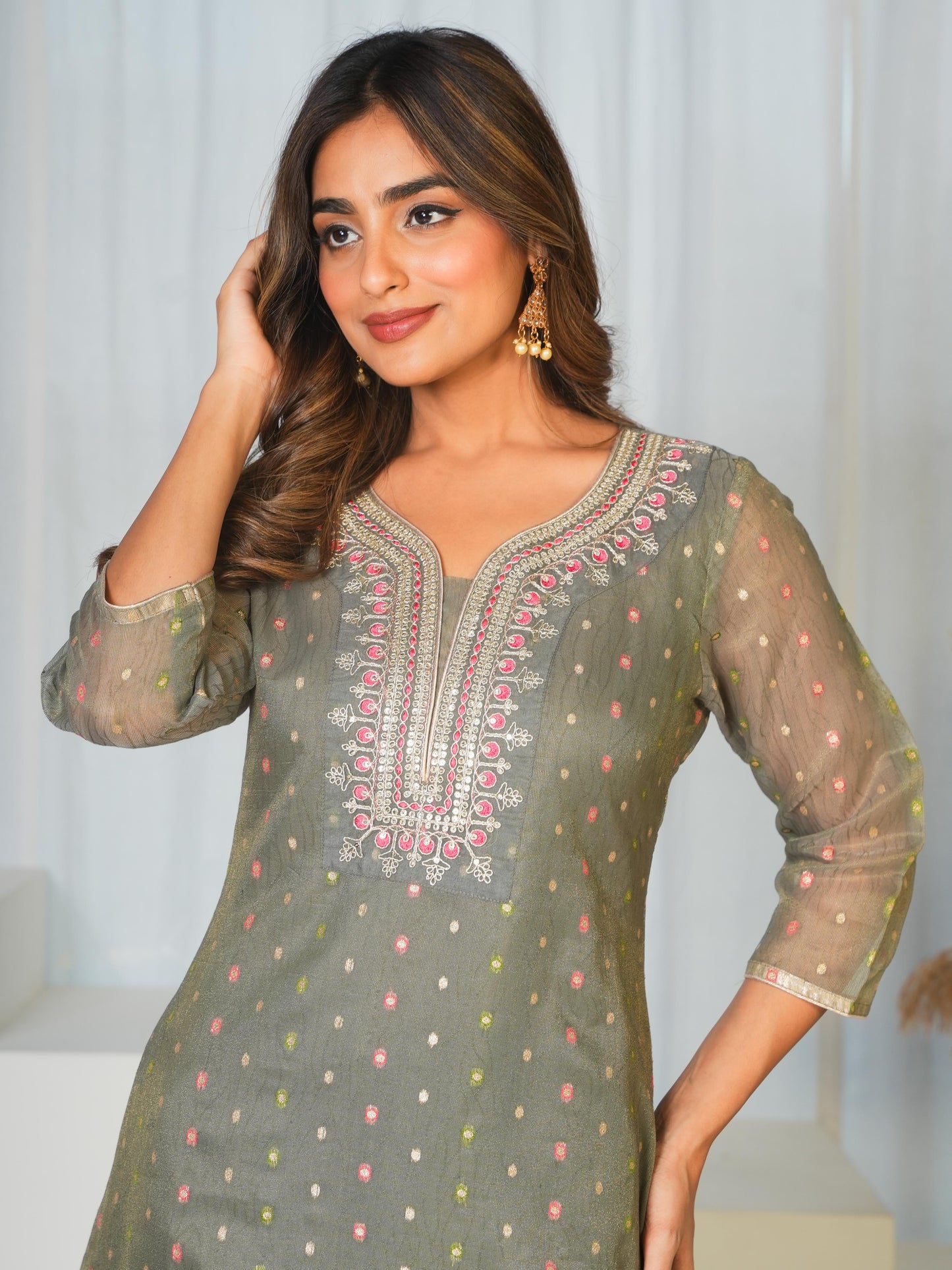 Embroidered Moss Jacquard Solid Straight Grey Kurta
