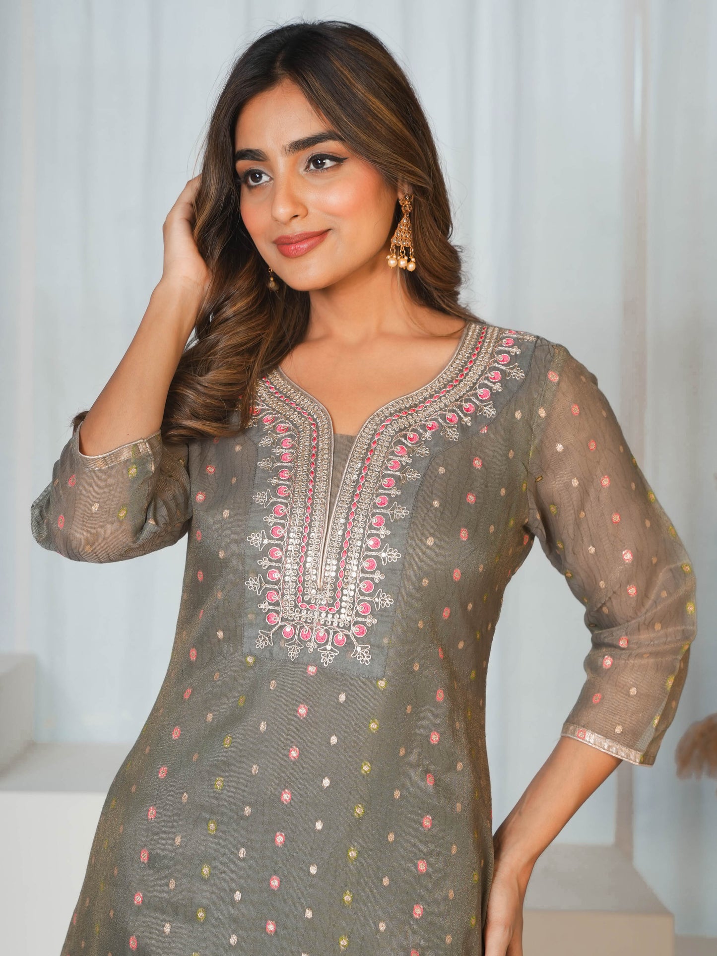 Embroidered Jacquard Solid Straight Grey Kurta