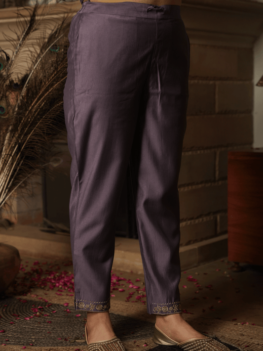 Embroidered Poly Silk Purple Trousers