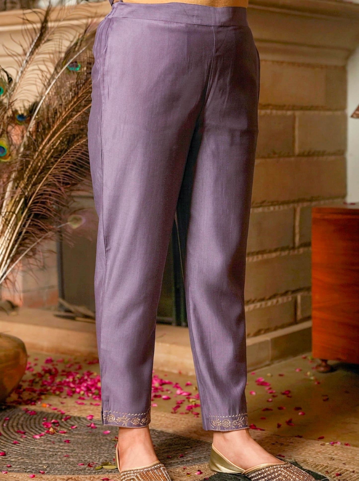 Embroidered Blended Silk Straight Purple Kurta