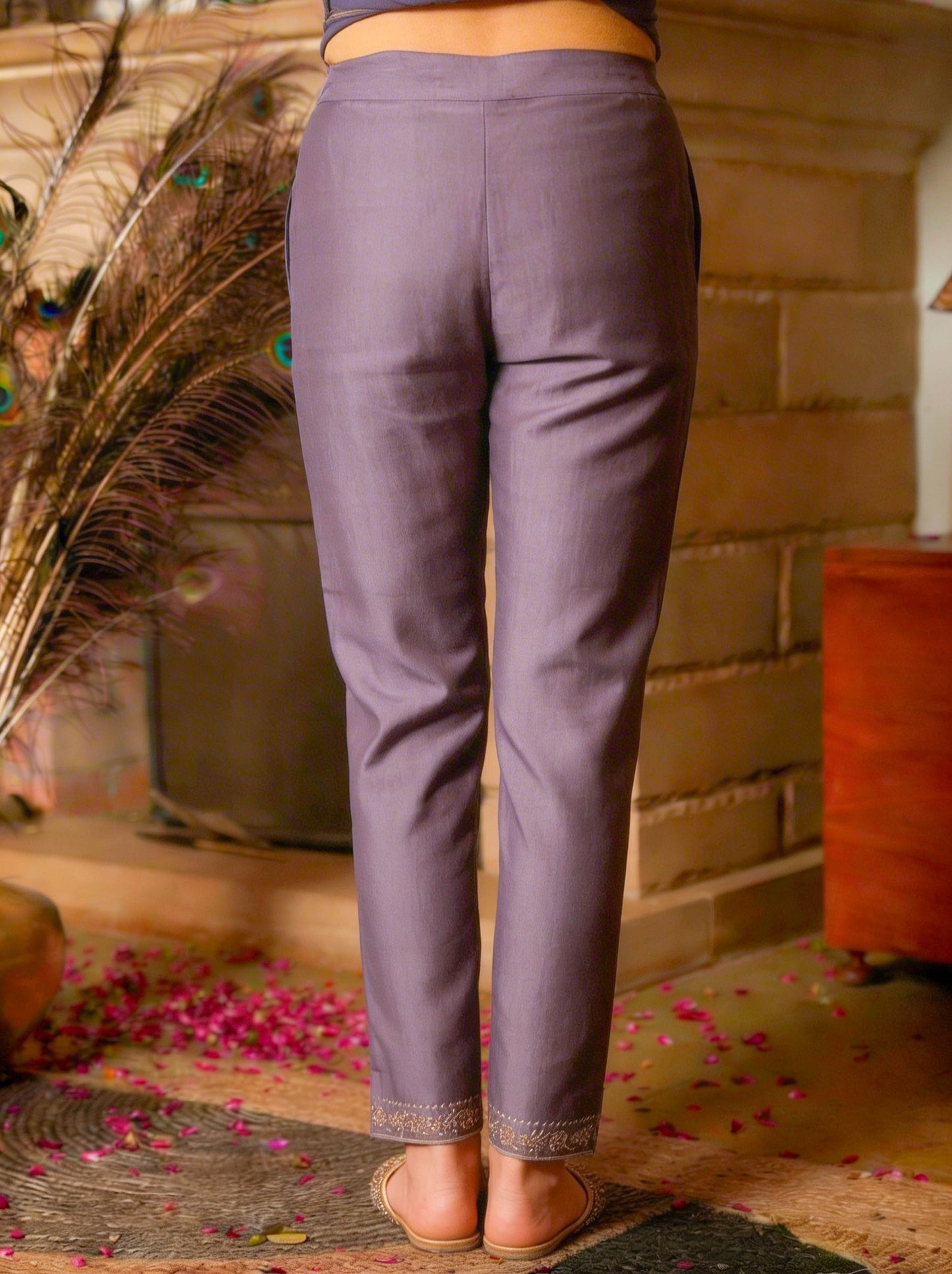 Embroidered Blended Silk Straight Purple Kurta