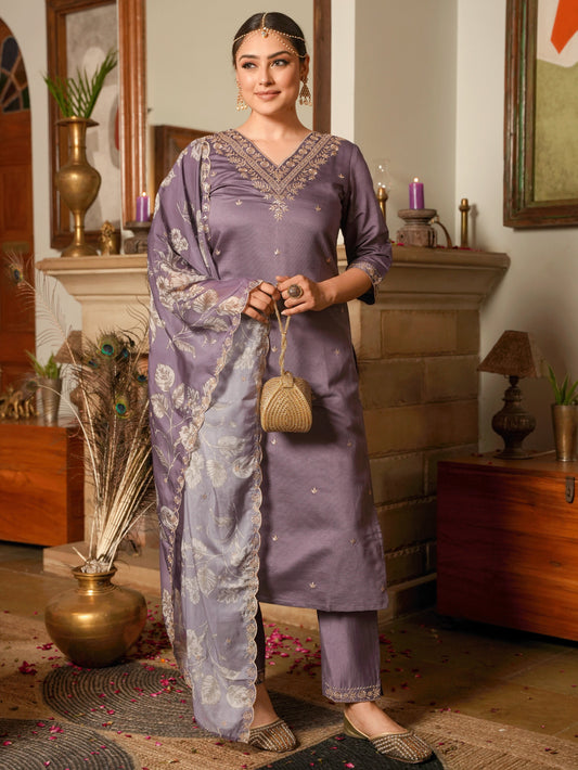 Embroidered Organza Floral Purple Dupatta
