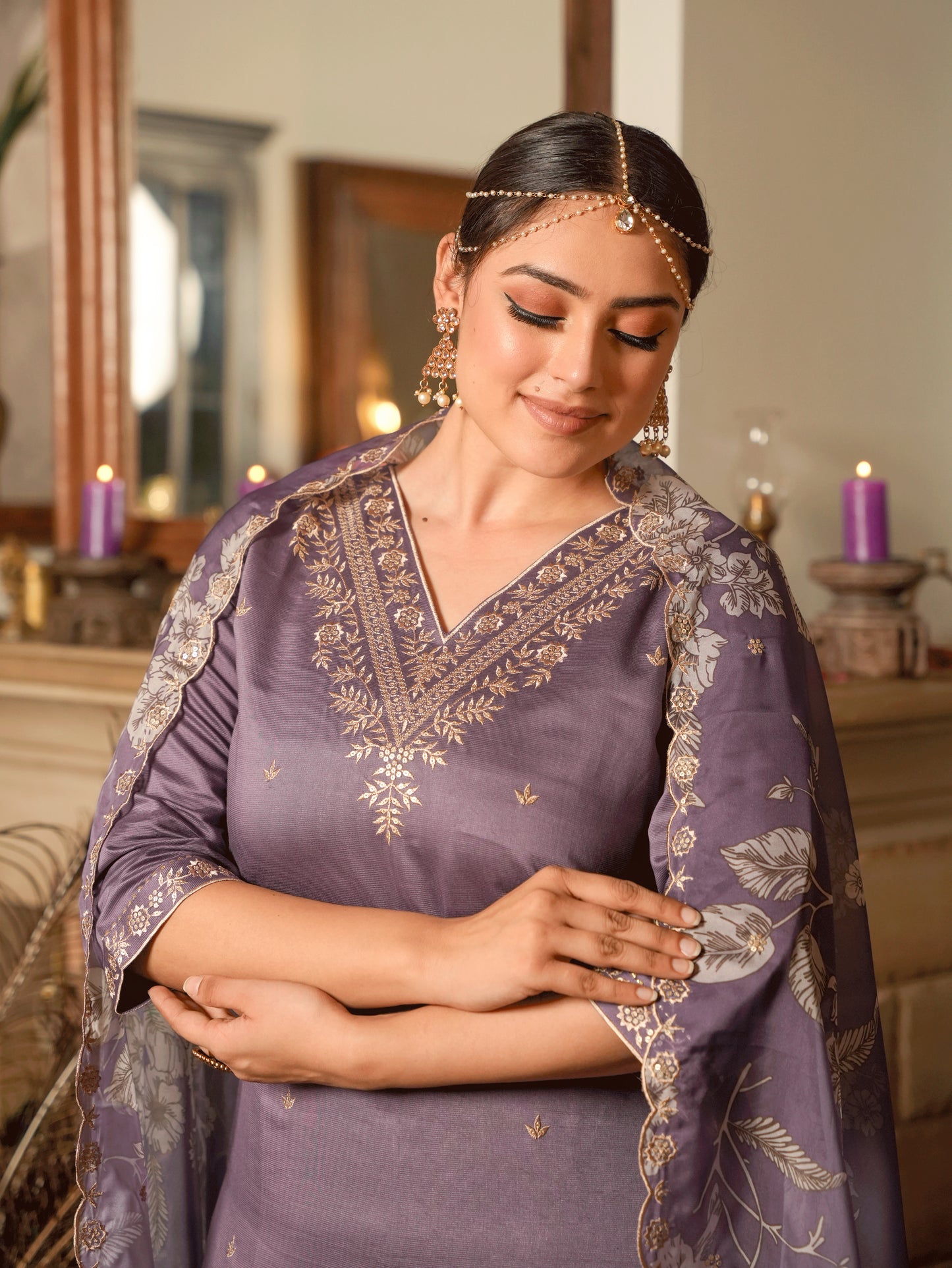 Embroidered Organza Floral Purple Dupatta
