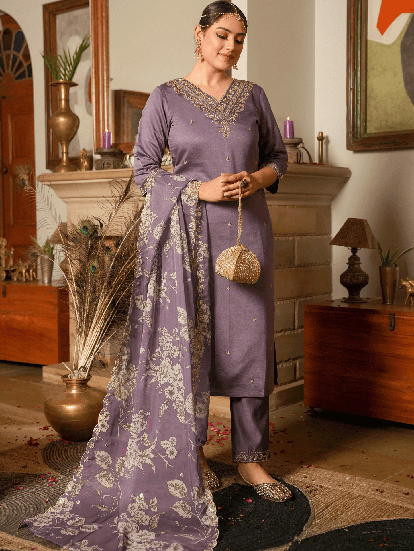 Embroidered Blended Silk Straight Purple Kurta