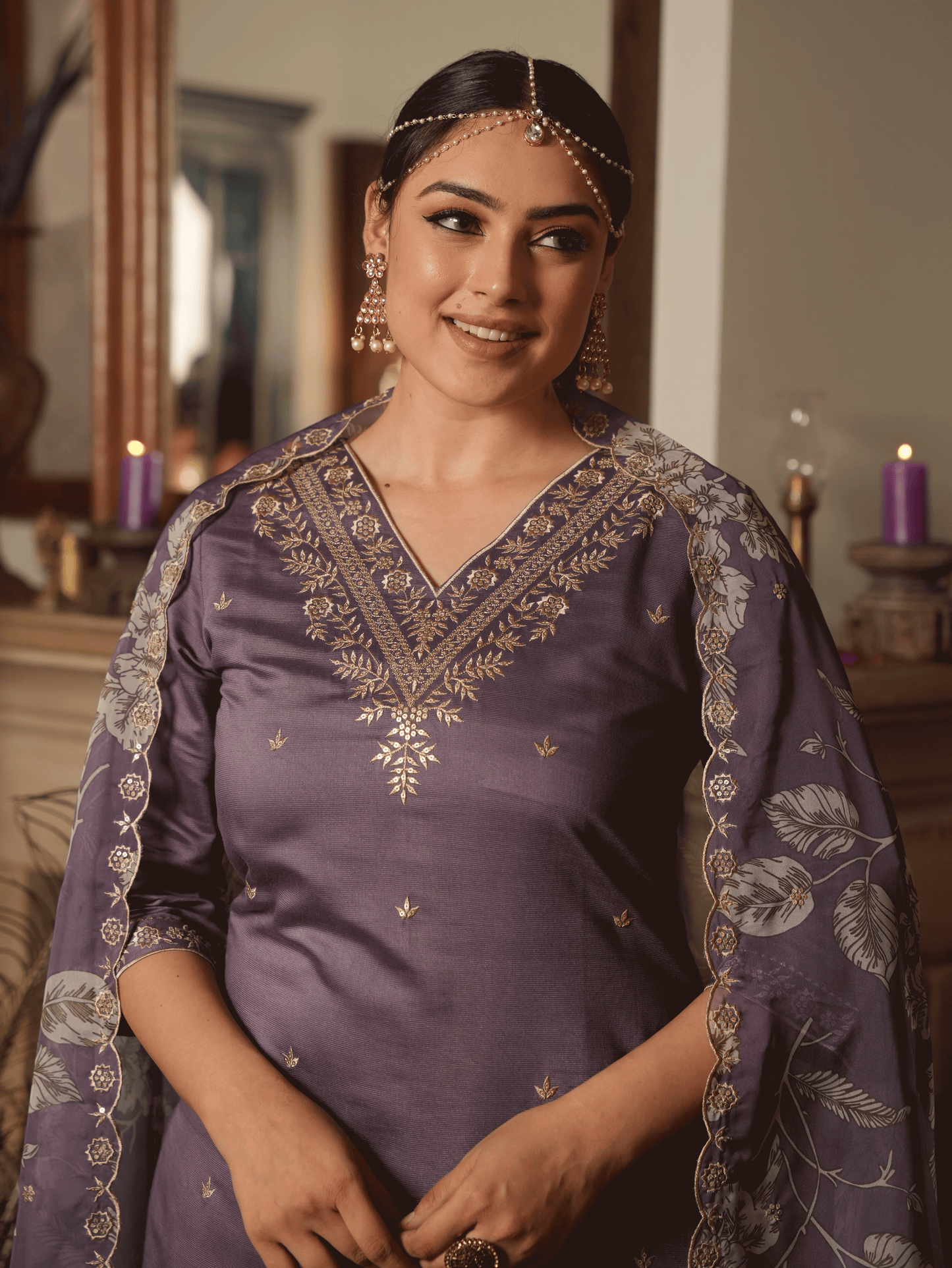 Embroidered Poly Silk Purple Kurta